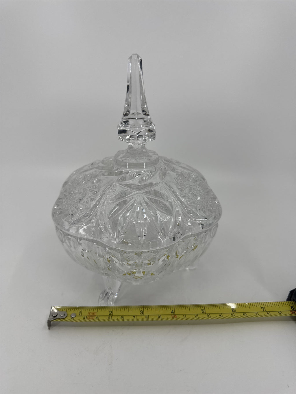 Vintage Hand Cut Glass Lead Crystal Covered Candy Dish Patterns Steeple 8" Tall