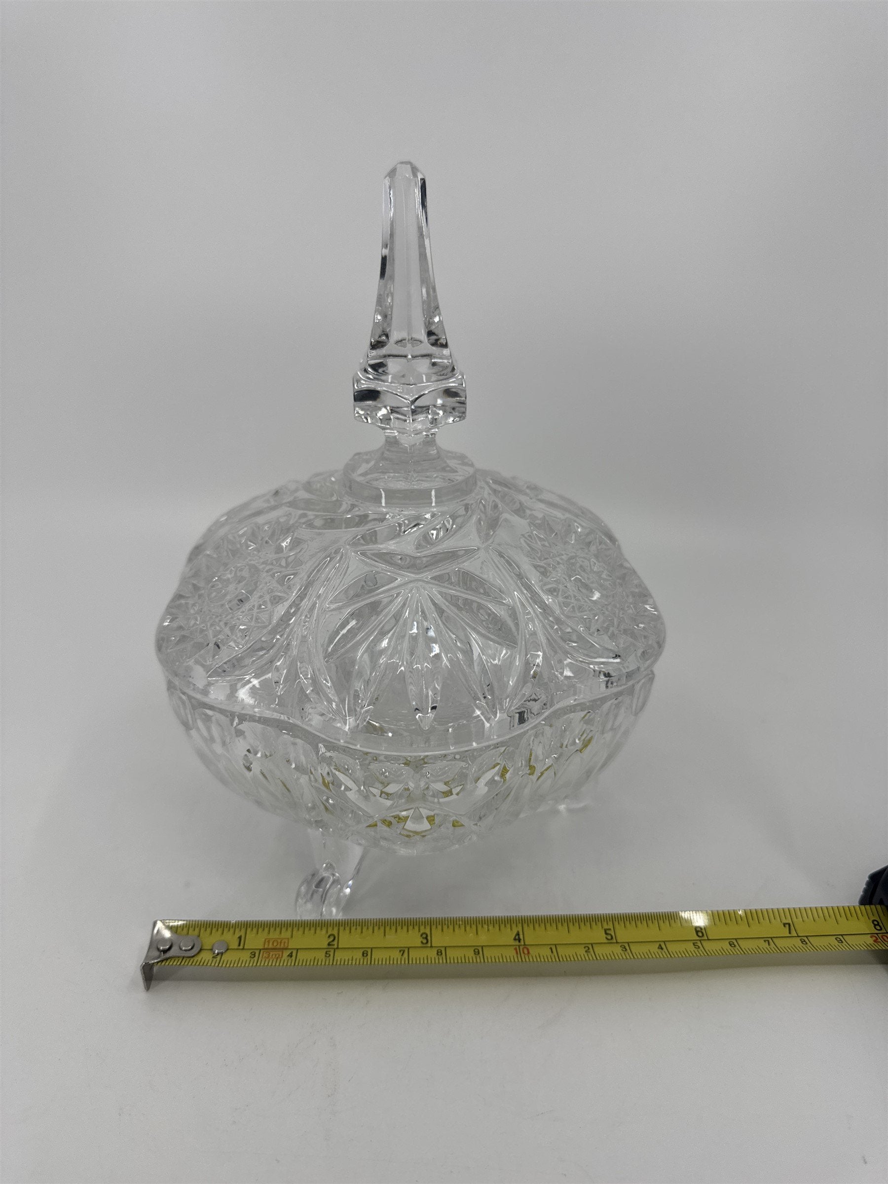 Vintage Hand Cut Glass Lead Crystal Covered Candy Dish Patterns Steeple 8" Tall