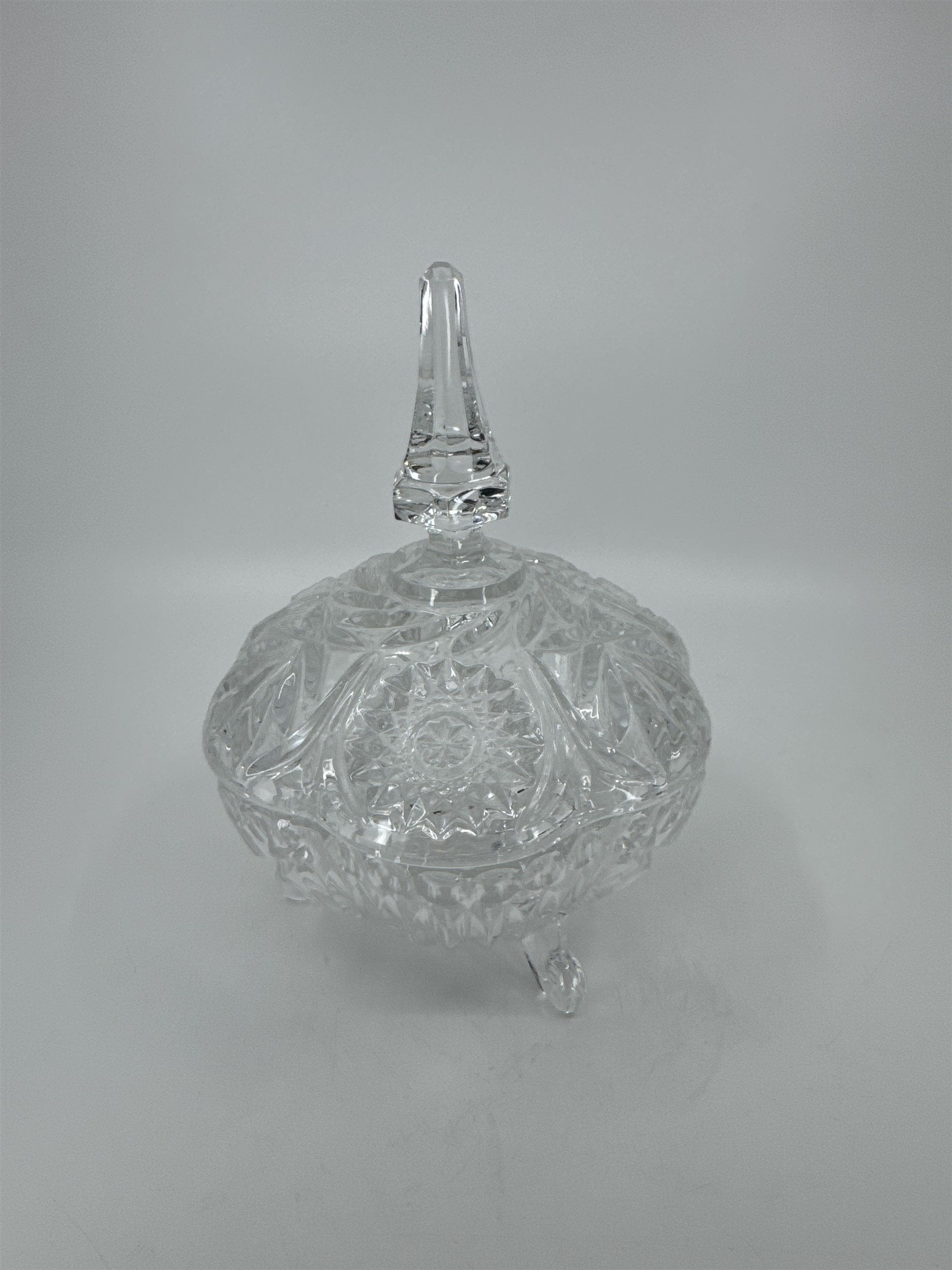 Vintage Hand Cut Glass Lead Crystal Covered Candy Dish Patterns Steeple 8" Tall