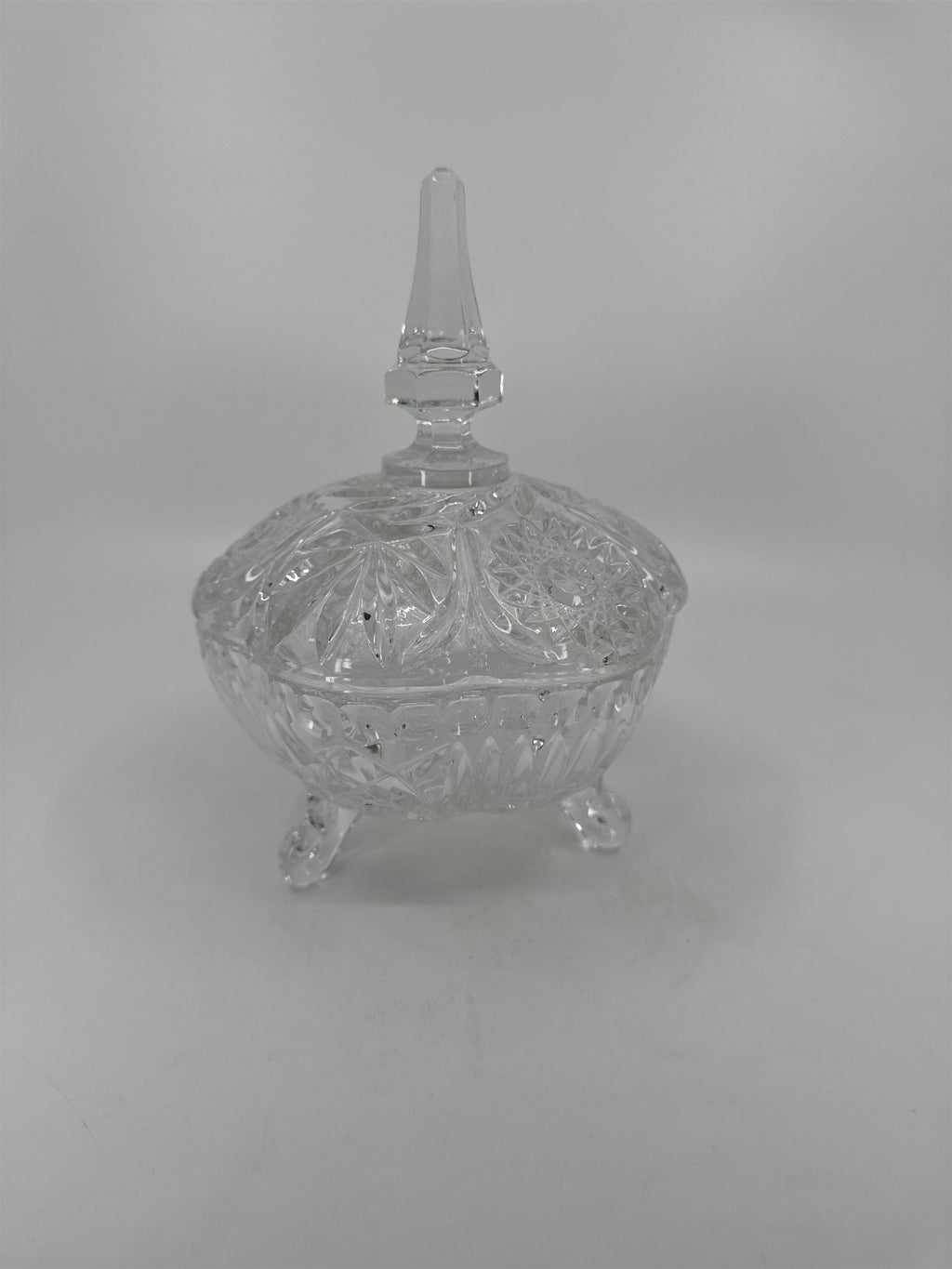 Vintage Hand Cut Glass Lead Crystal Covered Candy Dish Patterns Steeple 8" Tall