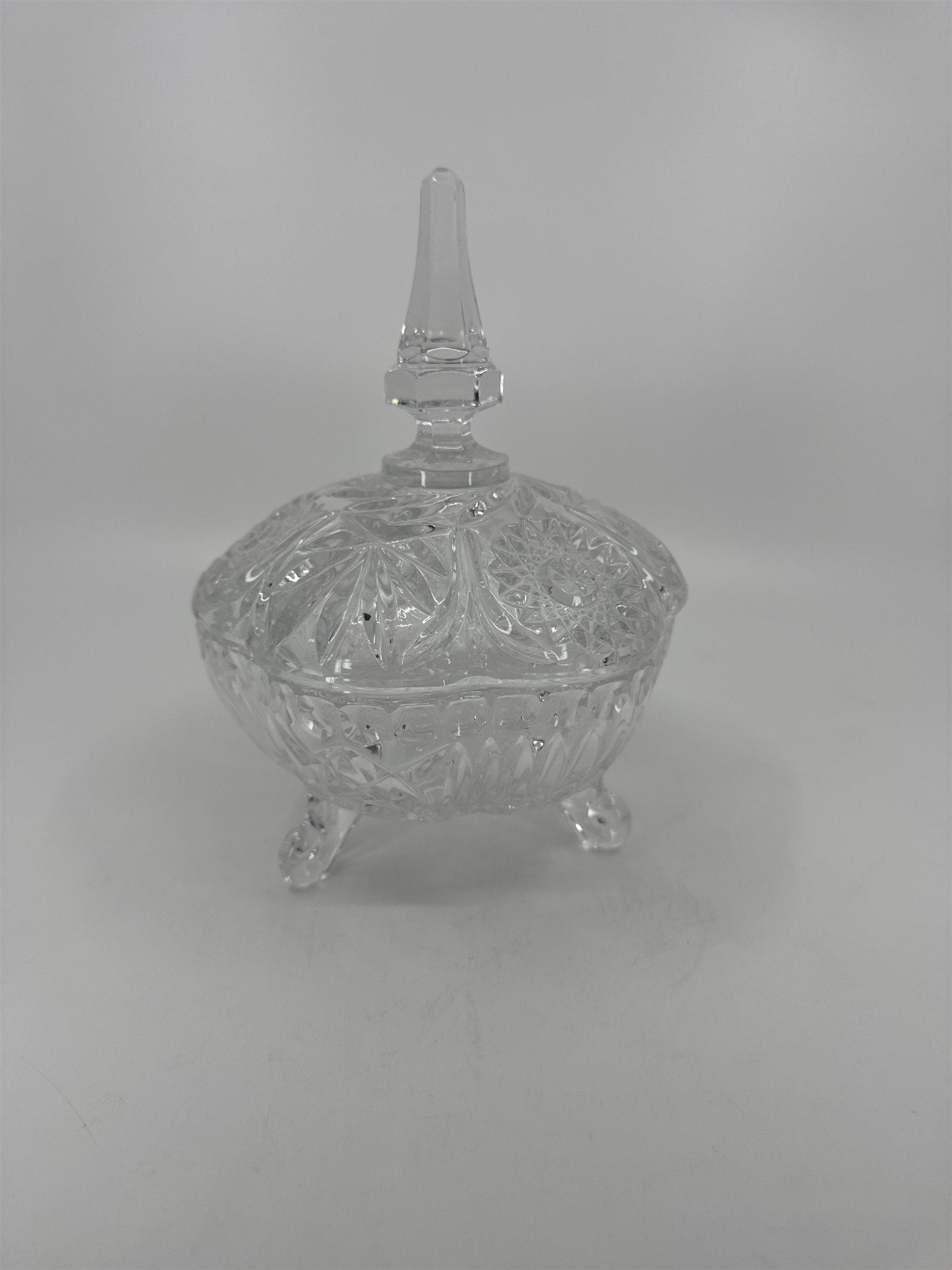 Vintage Hand Cut Glass Lead Crystal Covered Candy Dish Patterns Steeple 8" Tall