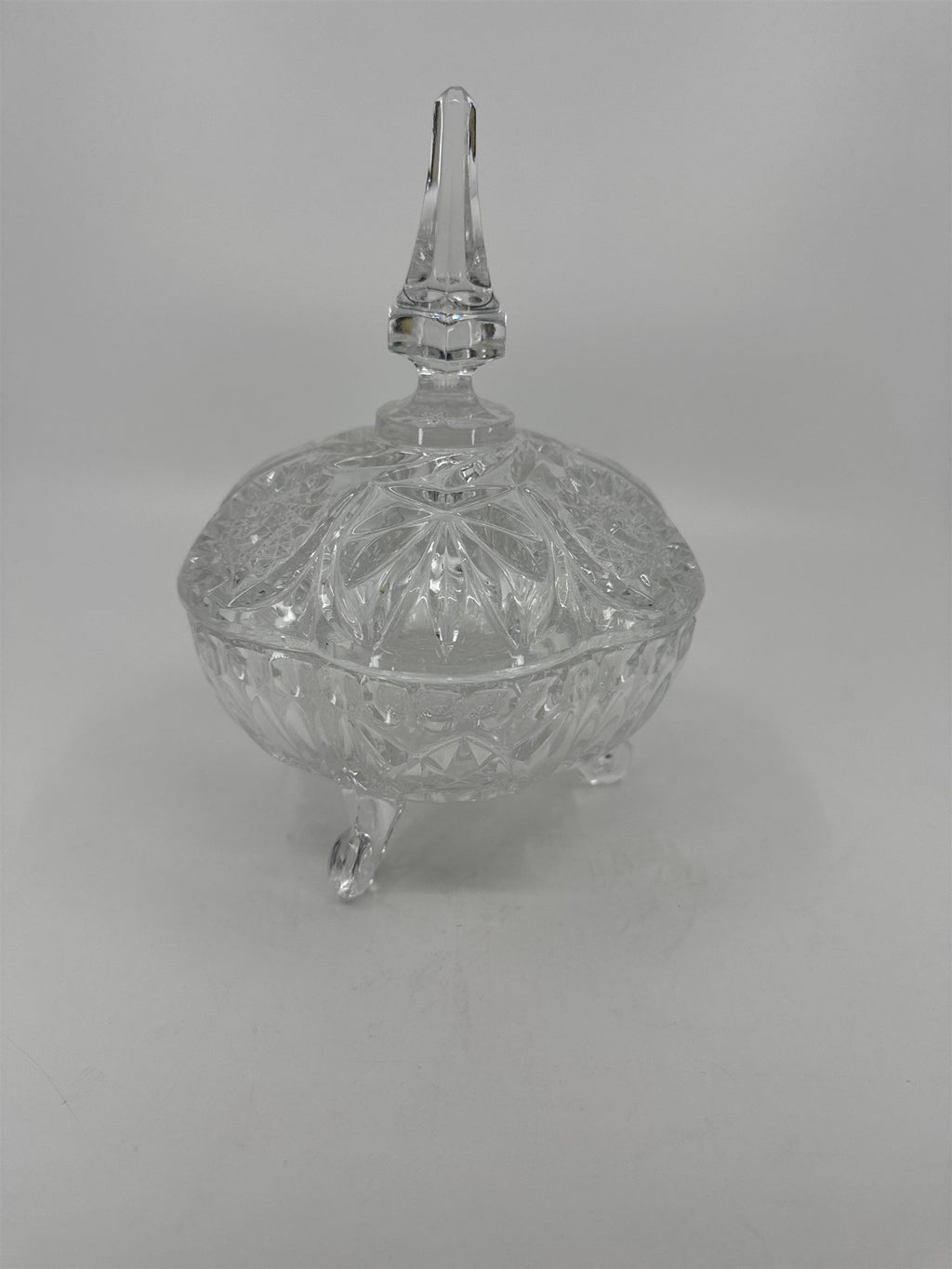Vintage Hand Cut Glass Lead Crystal Covered Candy Dish Patterns Steeple 8" Tall