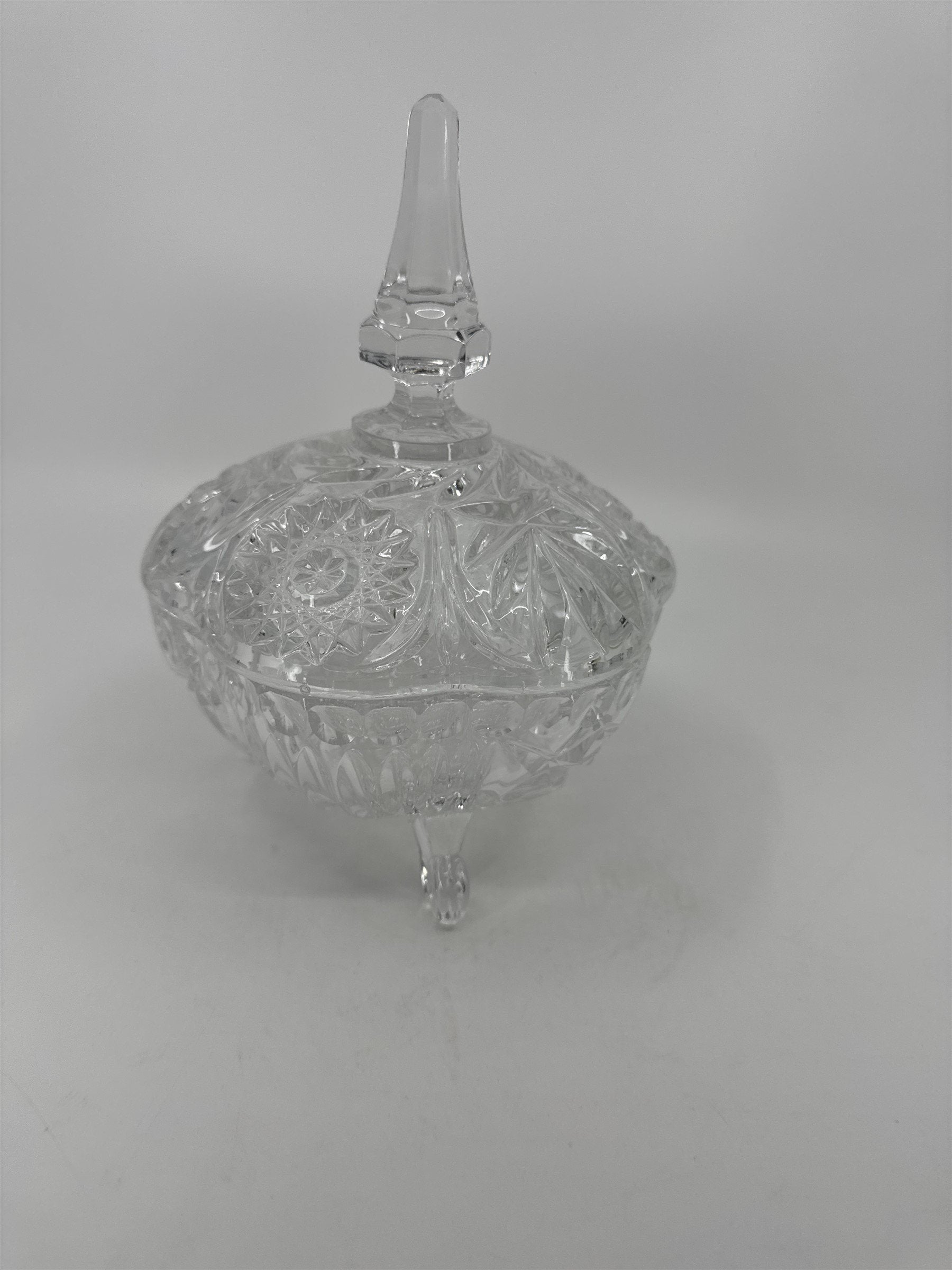 Vintage Hand Cut Glass Lead Crystal Covered Candy Dish Patterns Steeple 8" Tall