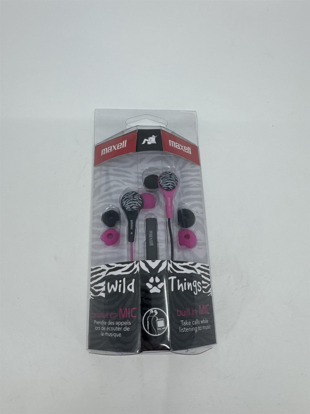 Maxwell Wild Things Pink and Black Zebra Print Earbuds /w Mic
