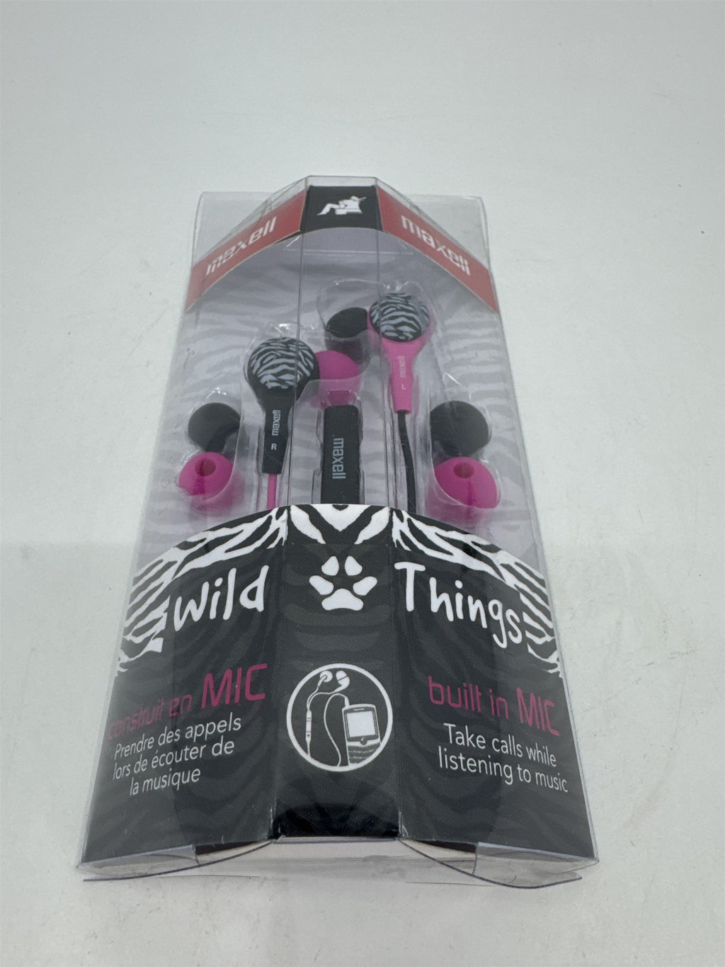 Maxwell Wild Things Pink and Black Zebra Print Earbuds /w Mic