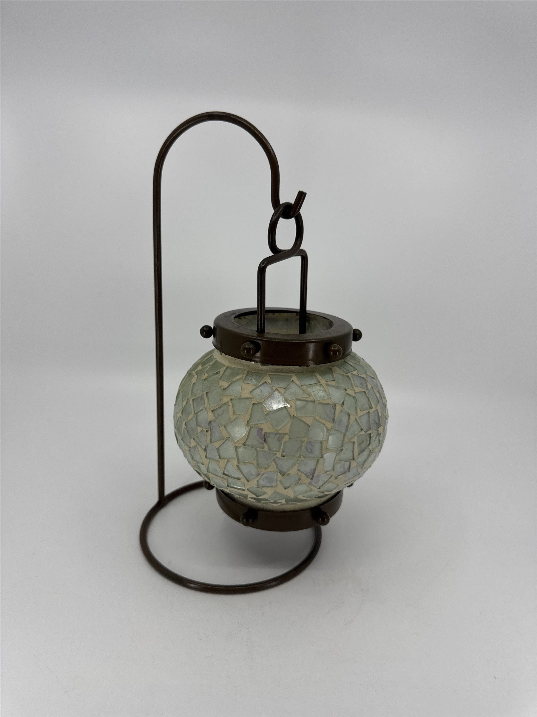 Vintage Hanging Tealight Candle Holder Mosaic w Brown Painted Metal Hanger Stand