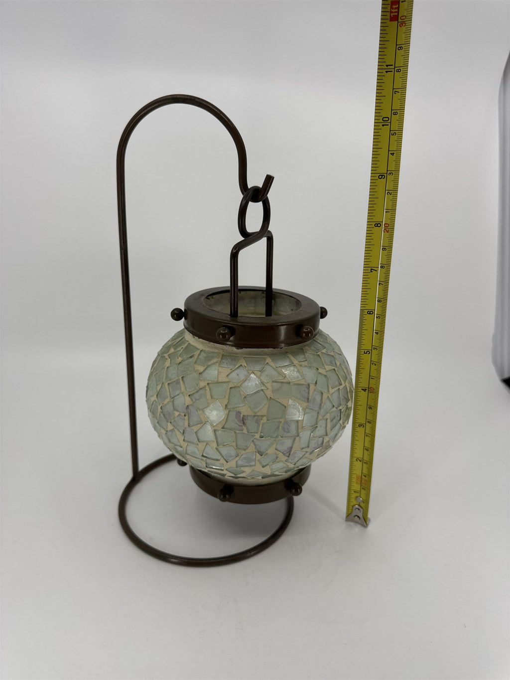 Vintage Hanging Tealight Candle Holder Mosaic w Brown Painted Metal Hanger Stand