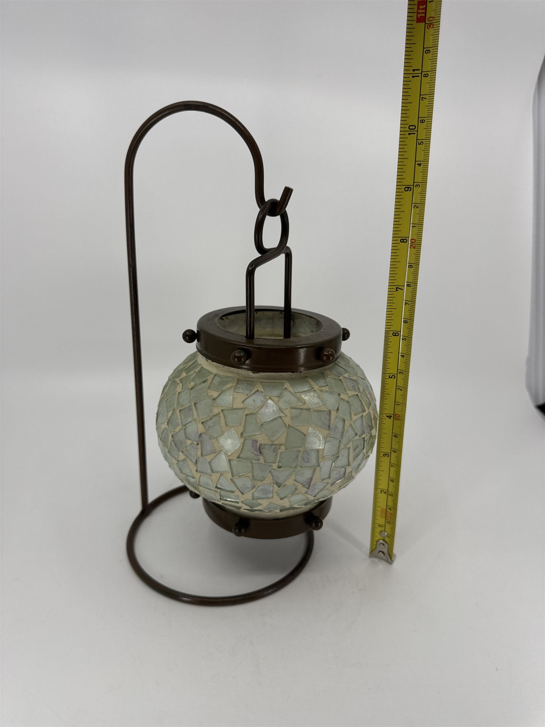 Vintage Hanging Tealight Candle Holder Mosaic w Brown Painted Metal Hanger Stand