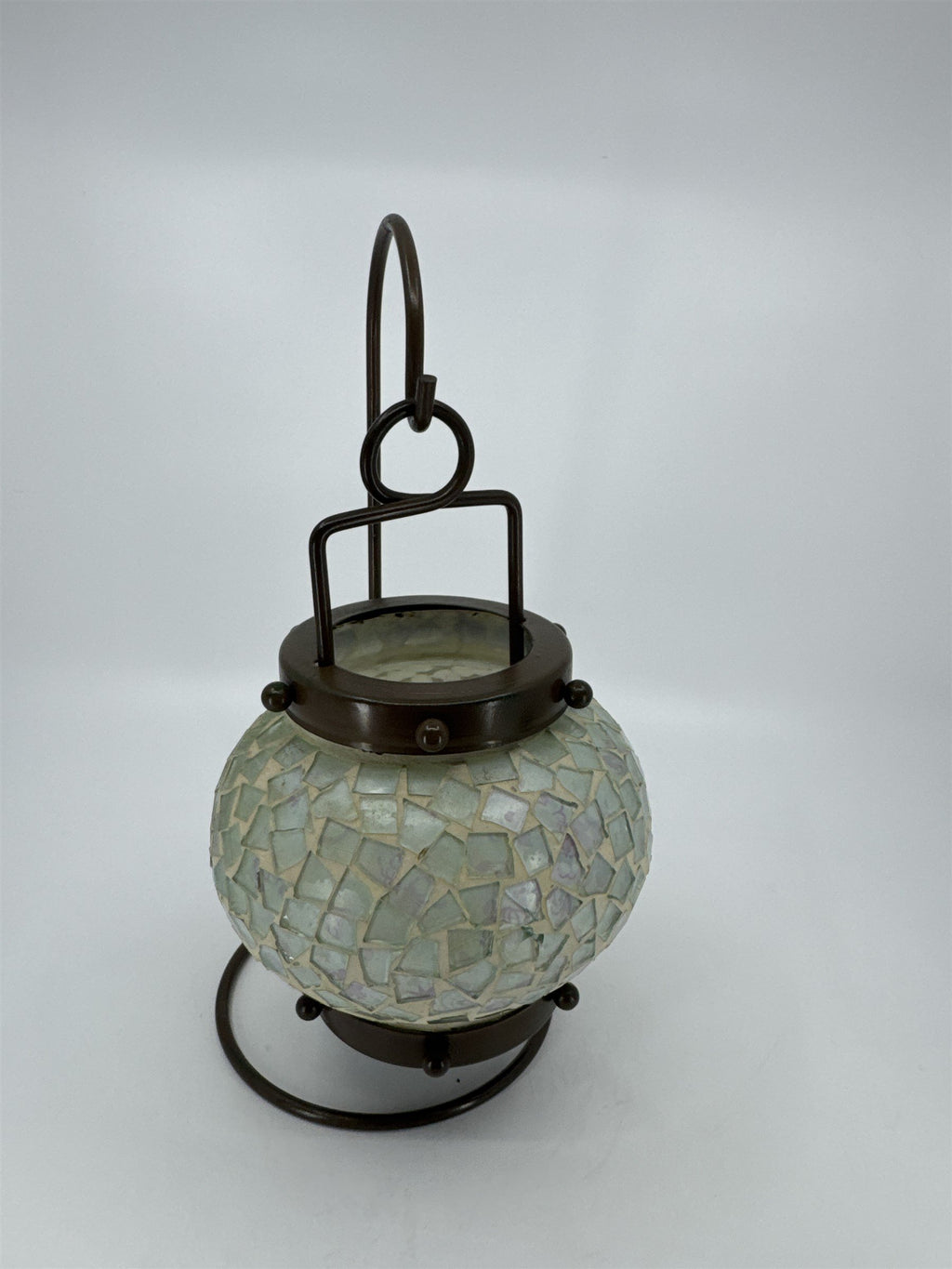 Vintage Hanging Tealight Candle Holder Mosaic w Brown Painted Metal Hanger Stand