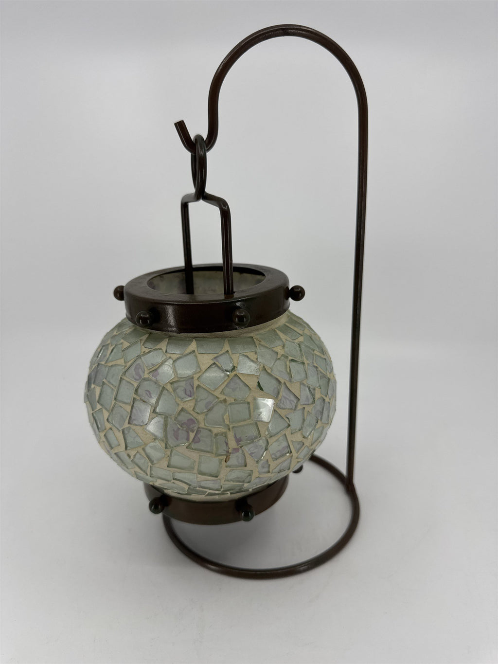 Vintage Hanging Tealight Candle Holder Mosaic w Brown Painted Metal Hanger Stand