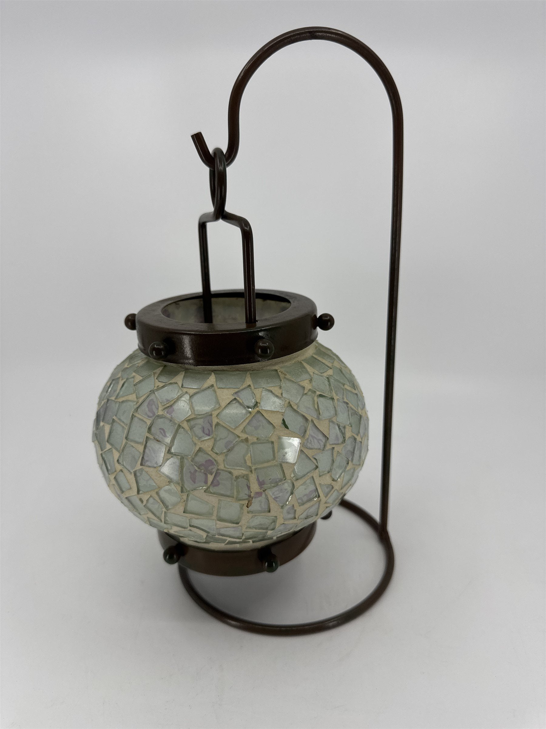 Vintage Hanging Tealight Candle Holder Mosaic w Brown Painted Metal Hanger Stand