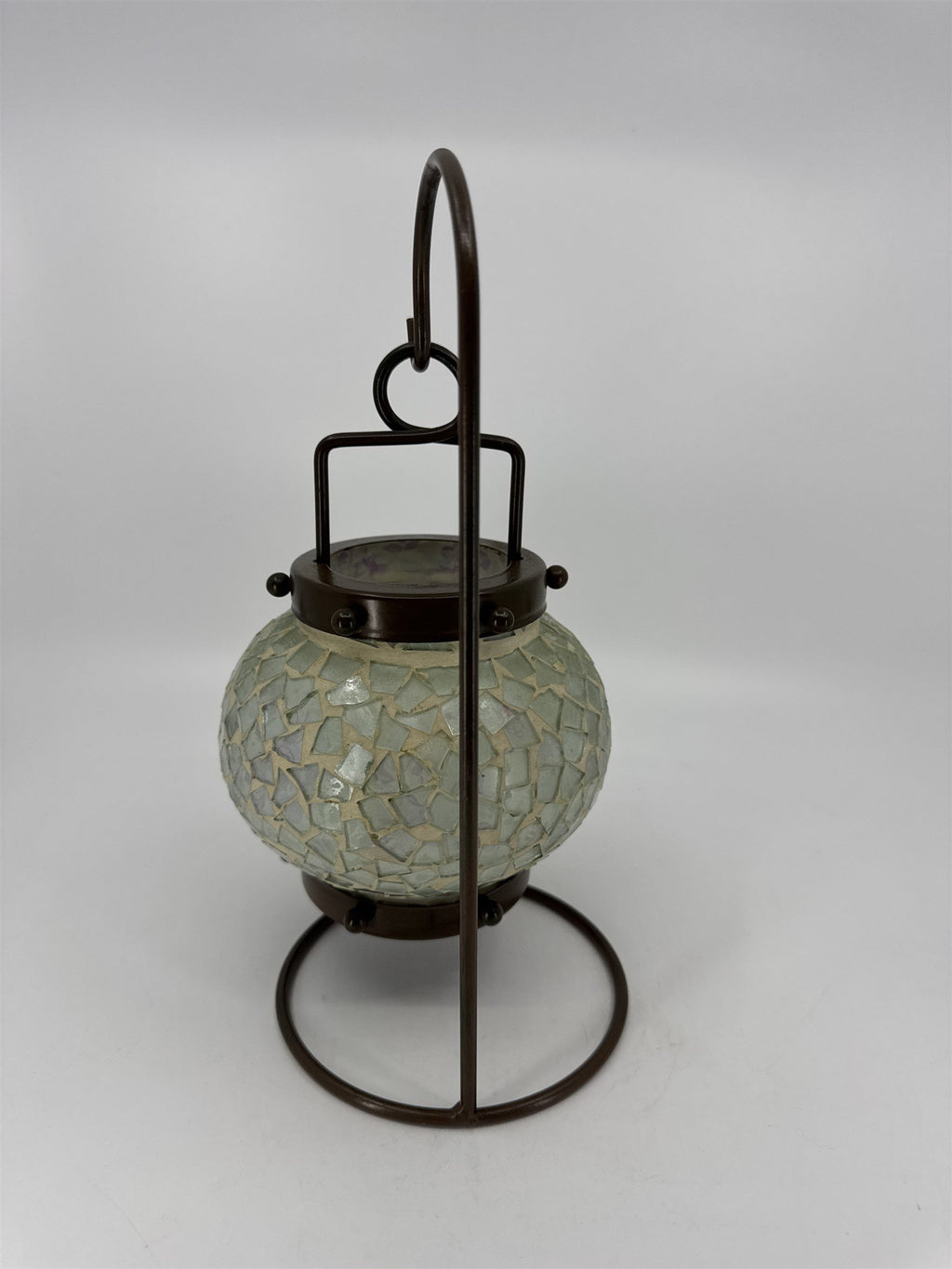 Vintage Hanging Tealight Candle Holder Mosaic w Brown Painted Metal Hanger Stand