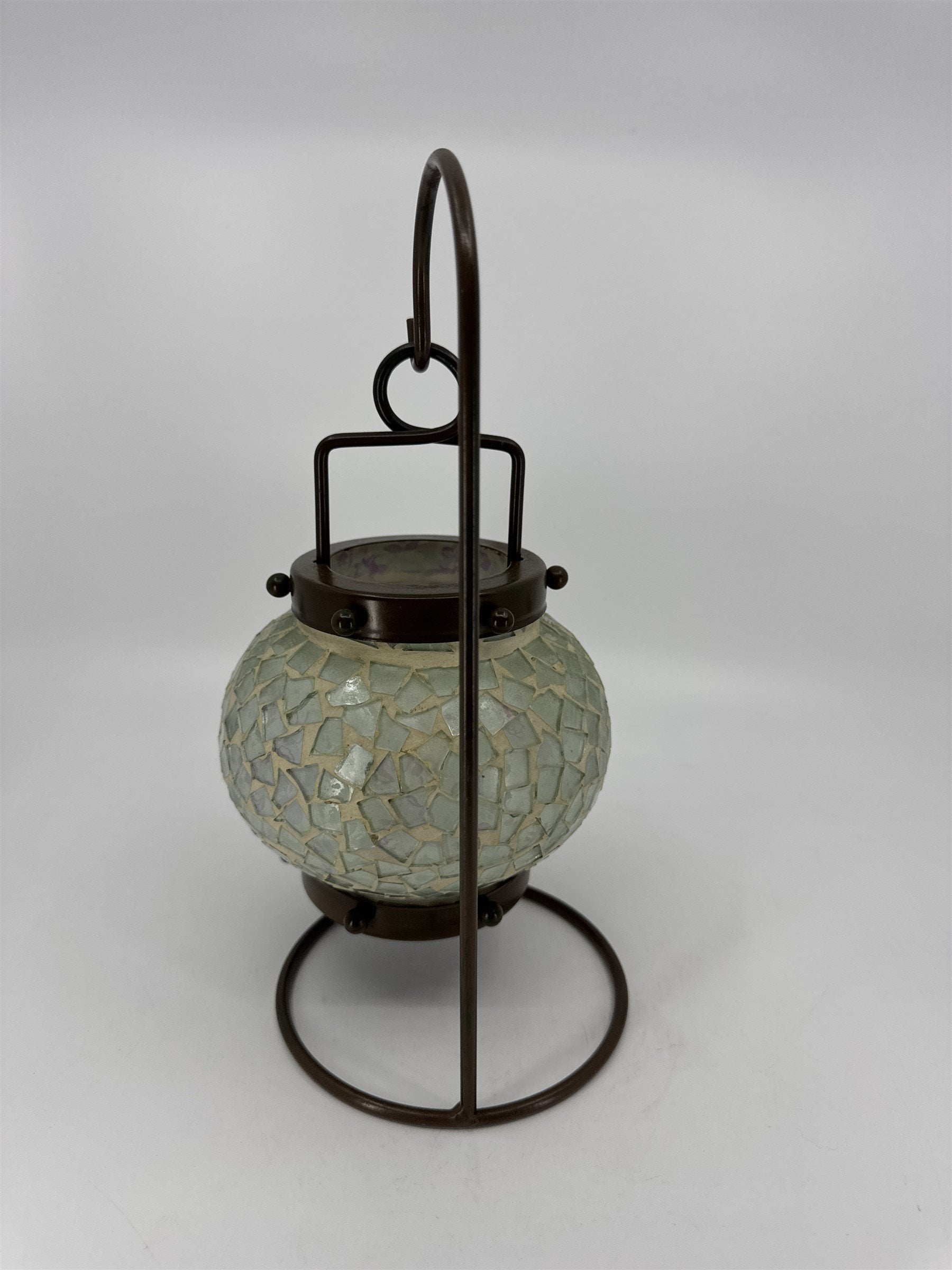 Vintage Hanging Tealight Candle Holder Mosaic w Brown Painted Metal Hanger Stand