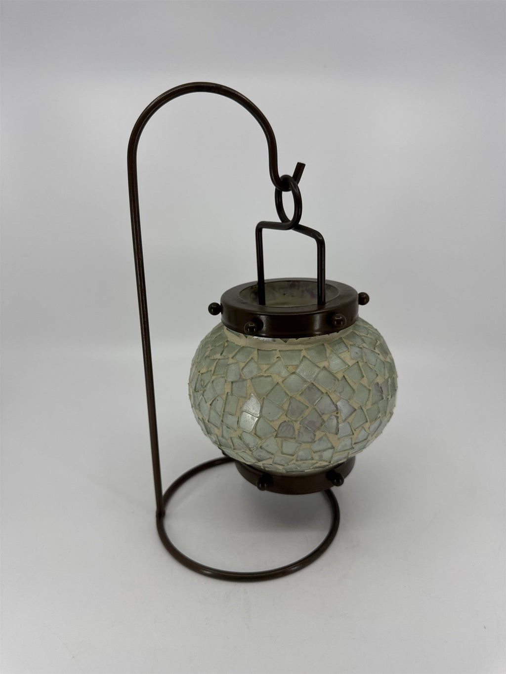 Vintage Hanging Tealight Candle Holder Mosaic w Brown Painted Metal Hanger Stand