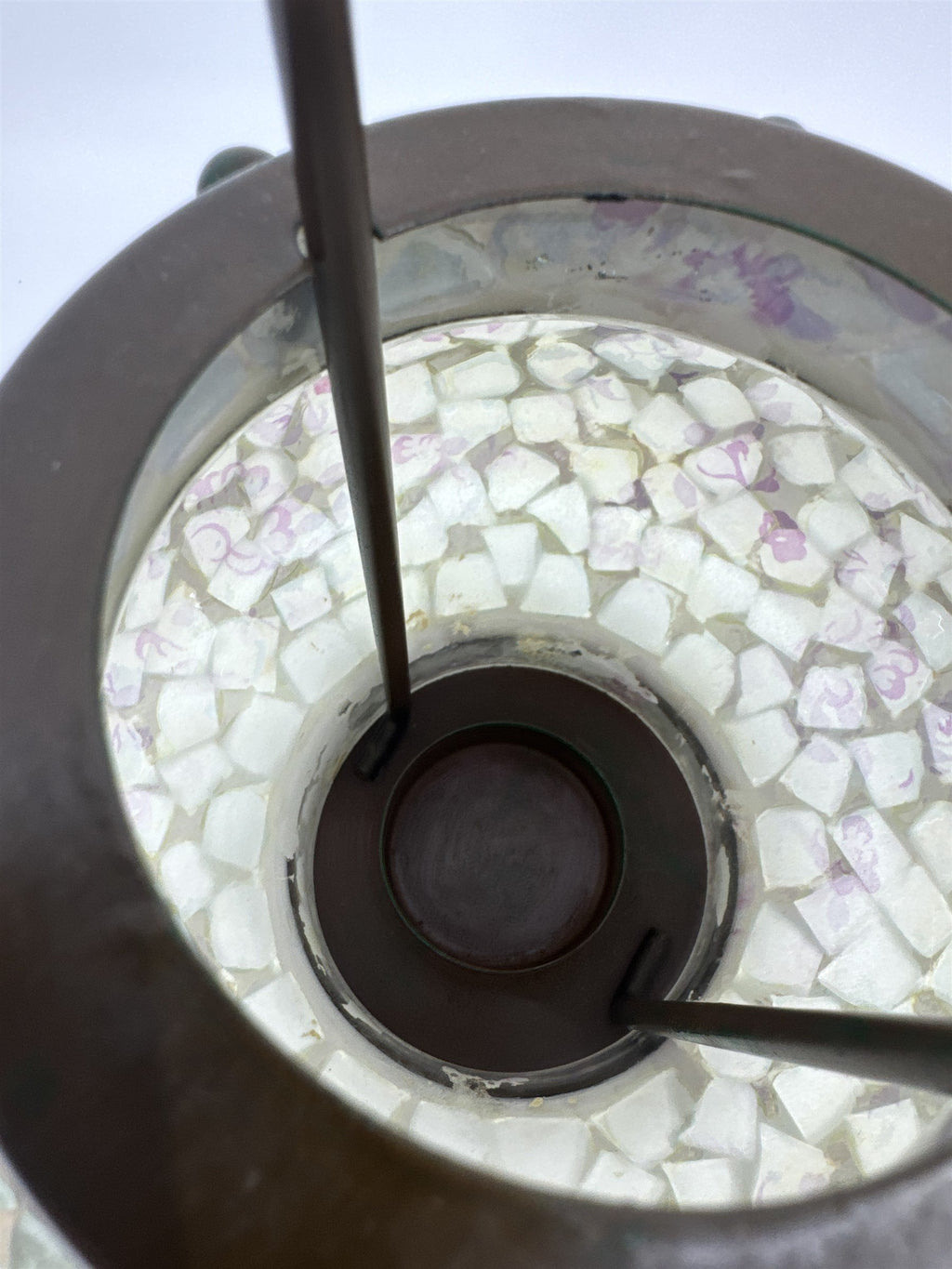 Vintage Hanging Tealight Candle Holder Mosaic w Brown Painted Metal Hanger Stand