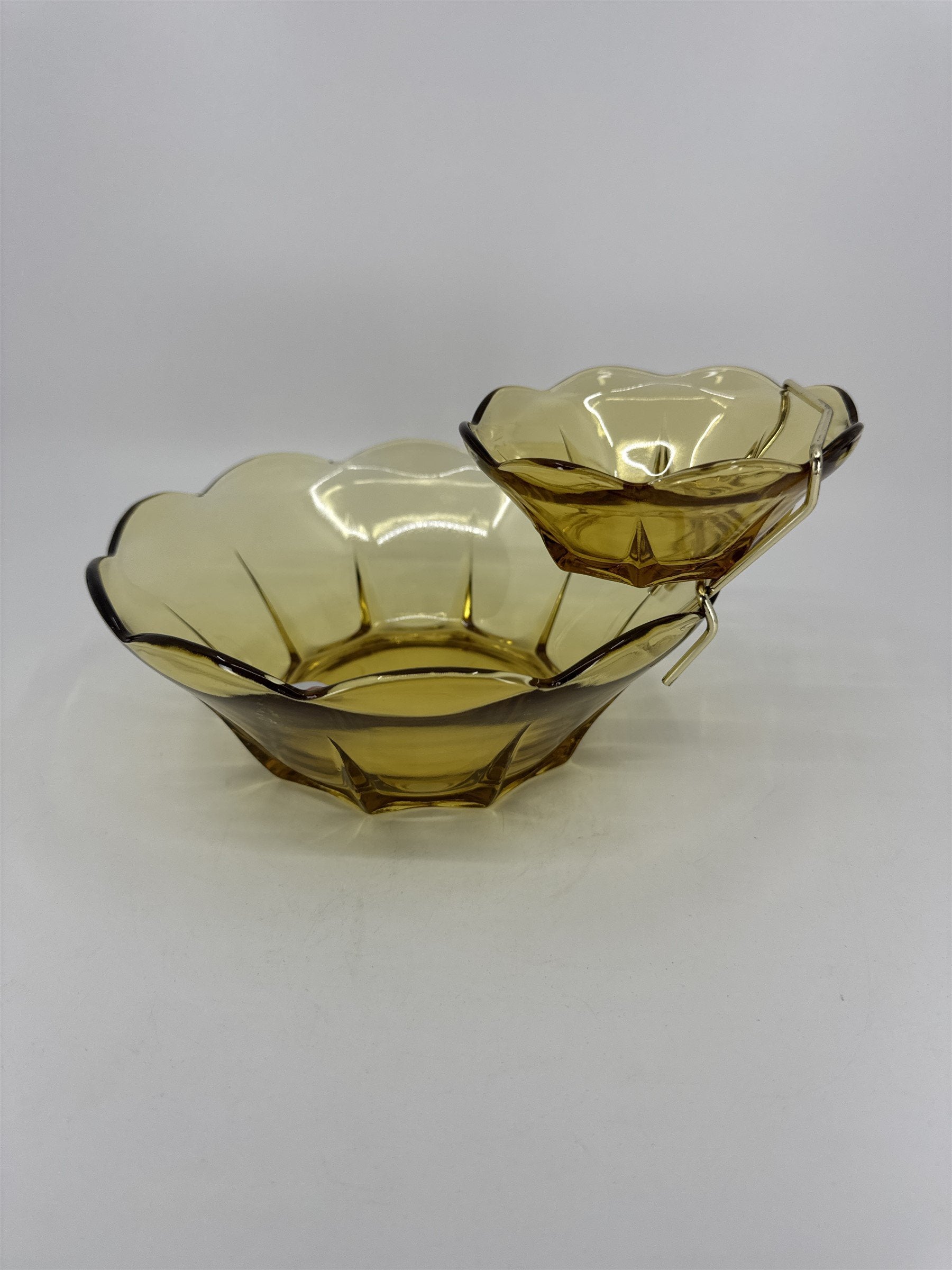 Anchor Hocking Swedish 3 Piece Modern Honey Gold Chip & Dip Set Glass +Box *Chip
