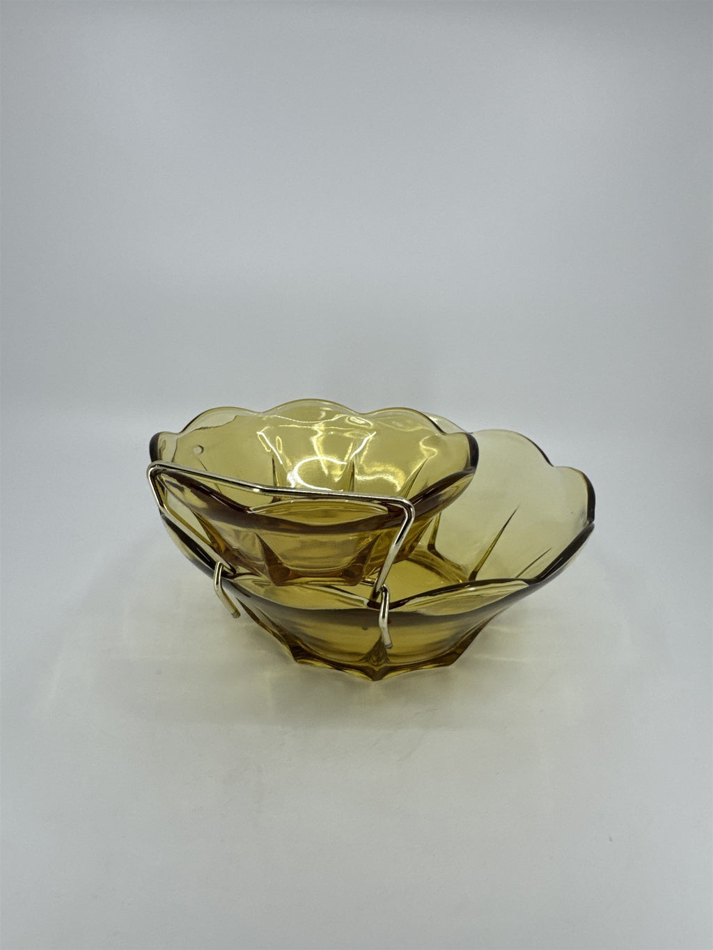 Anchor Hocking Swedish 3 Piece Modern Honey Gold Chip & Dip Set Glass +Box *Chip