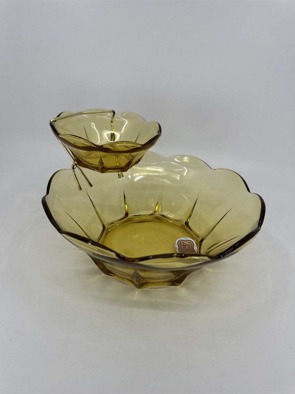 Anchor Hocking Swedish 3 Piece Modern Honey Gold Chip & Dip Set Glass +Box *Chip