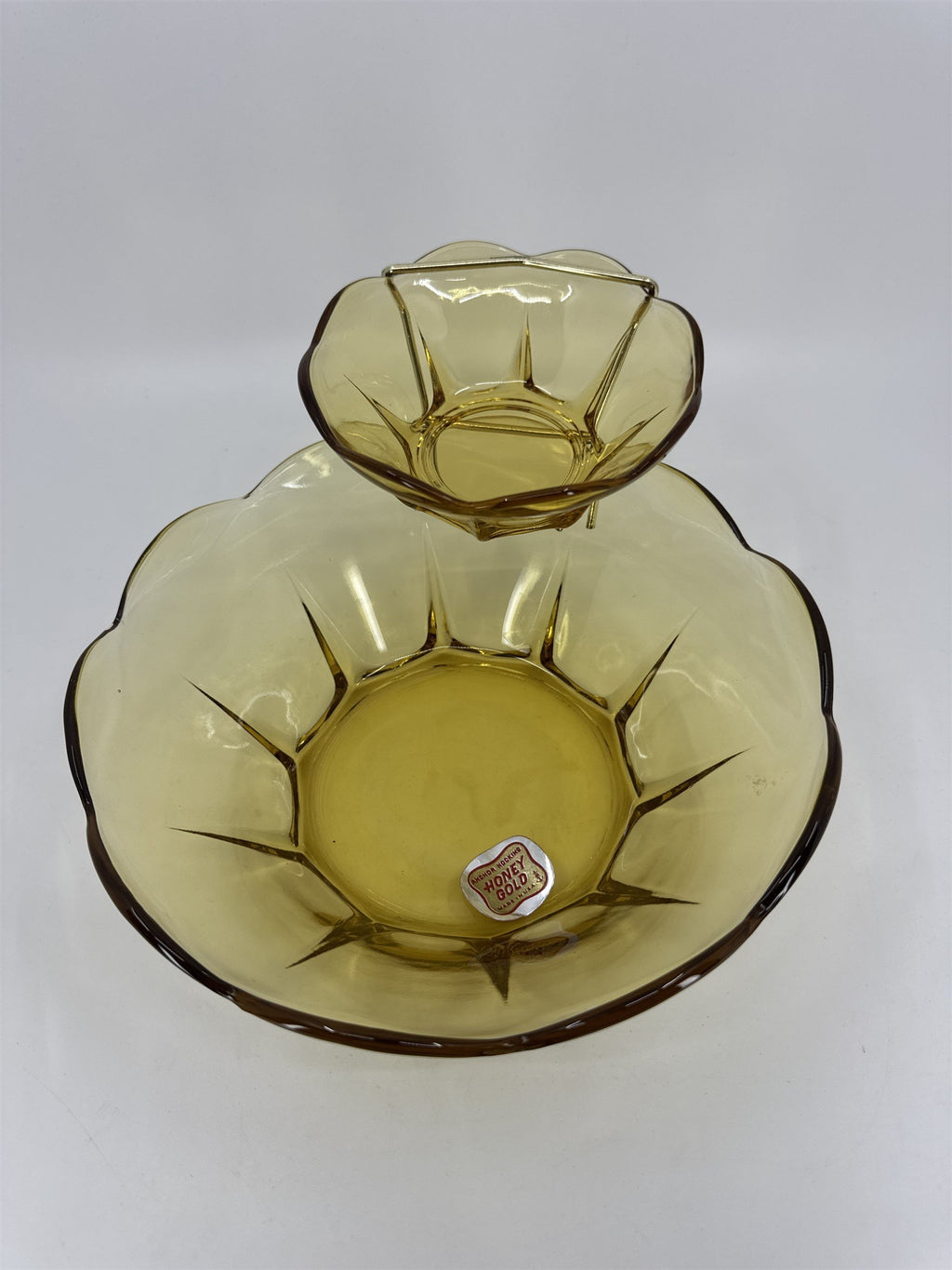 Anchor Hocking Swedish 3 Piece Modern Honey Gold Chip & Dip Set Glass +Box *Chip