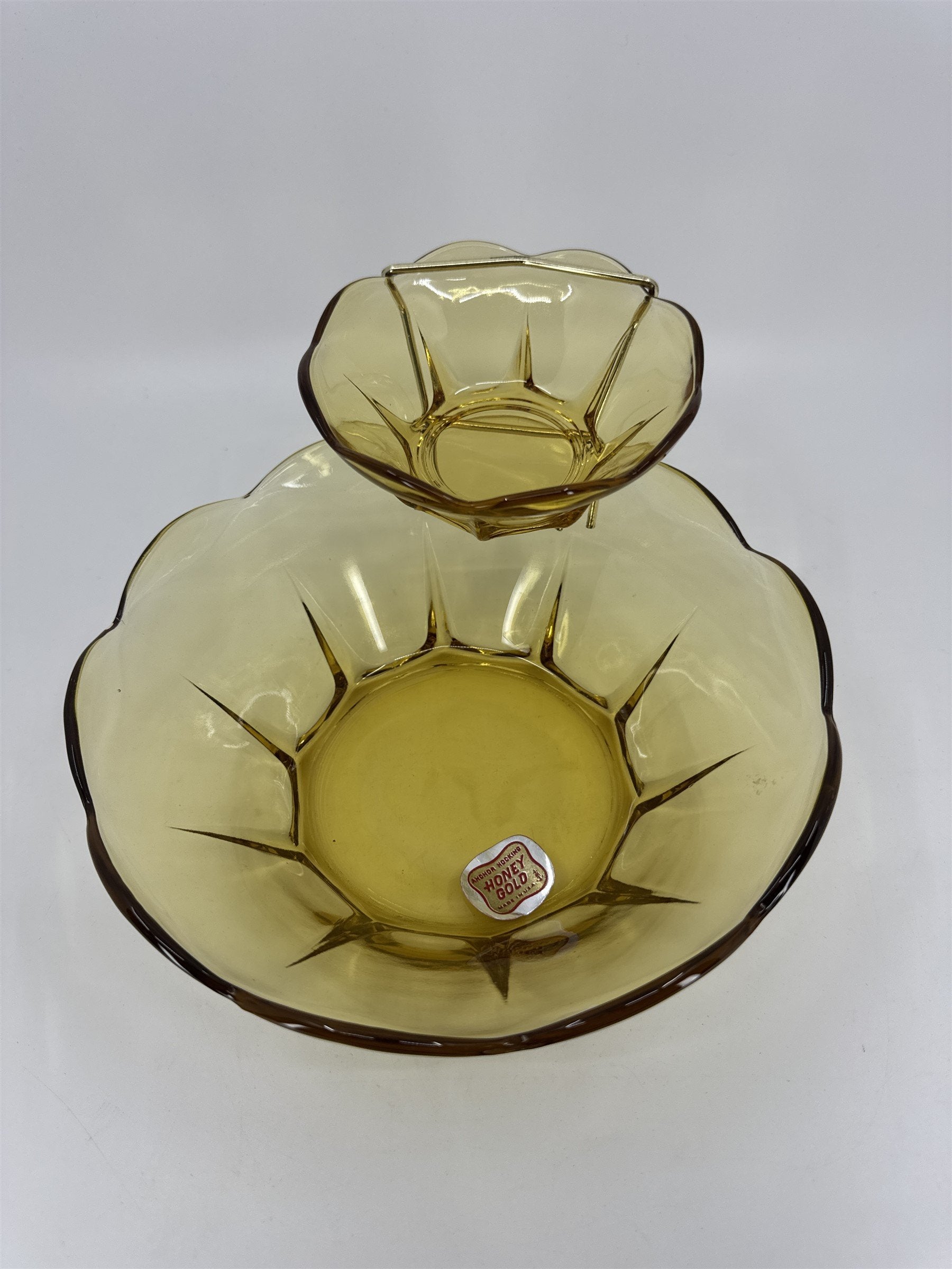 Anchor Hocking Swedish 3 Piece Modern Honey Gold Chip & Dip Set Glass +Box *Chip