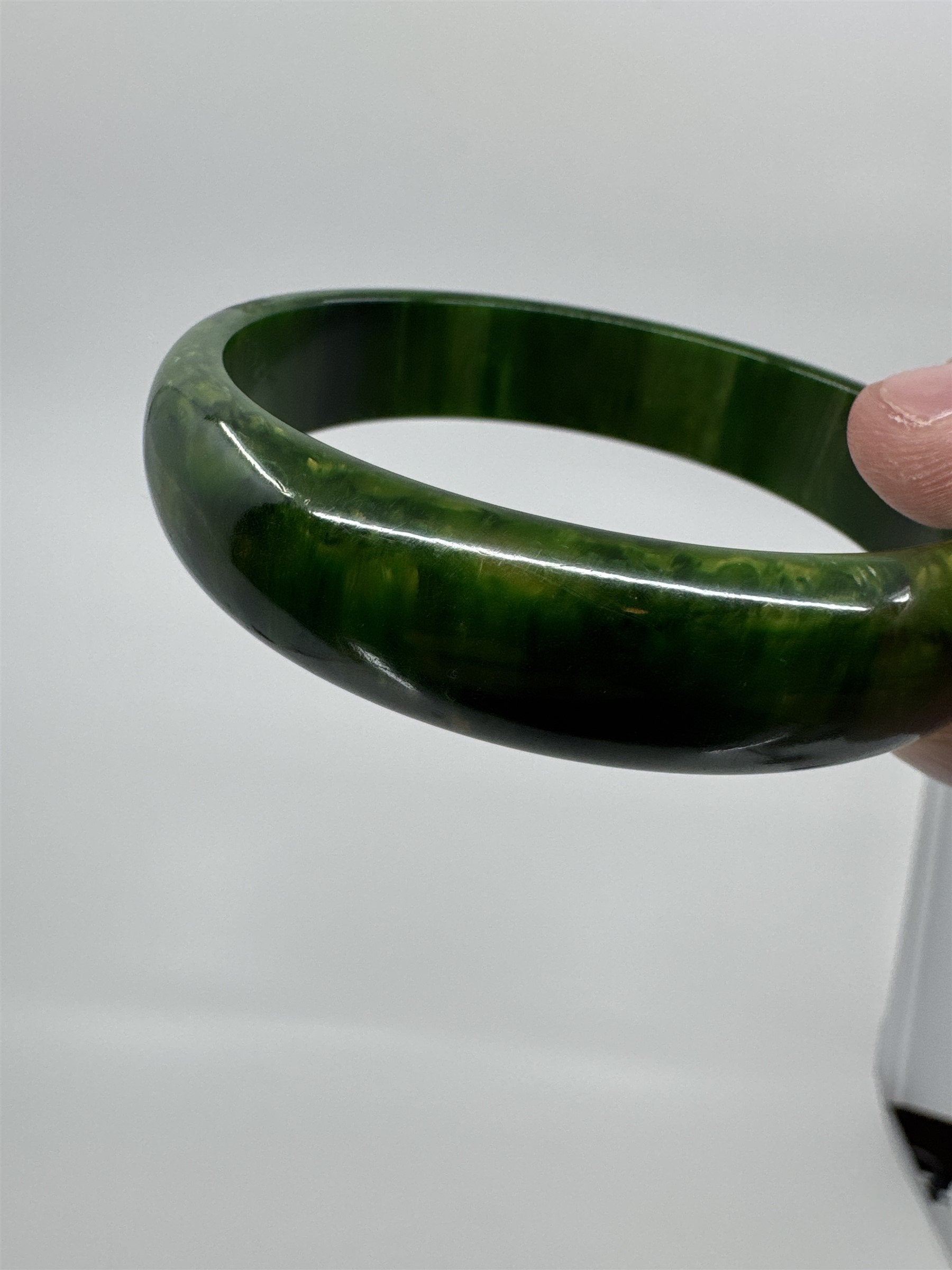 Vintage 3" Bakelite Bangle Bracelet Marbled Green Swirls Some Yellow