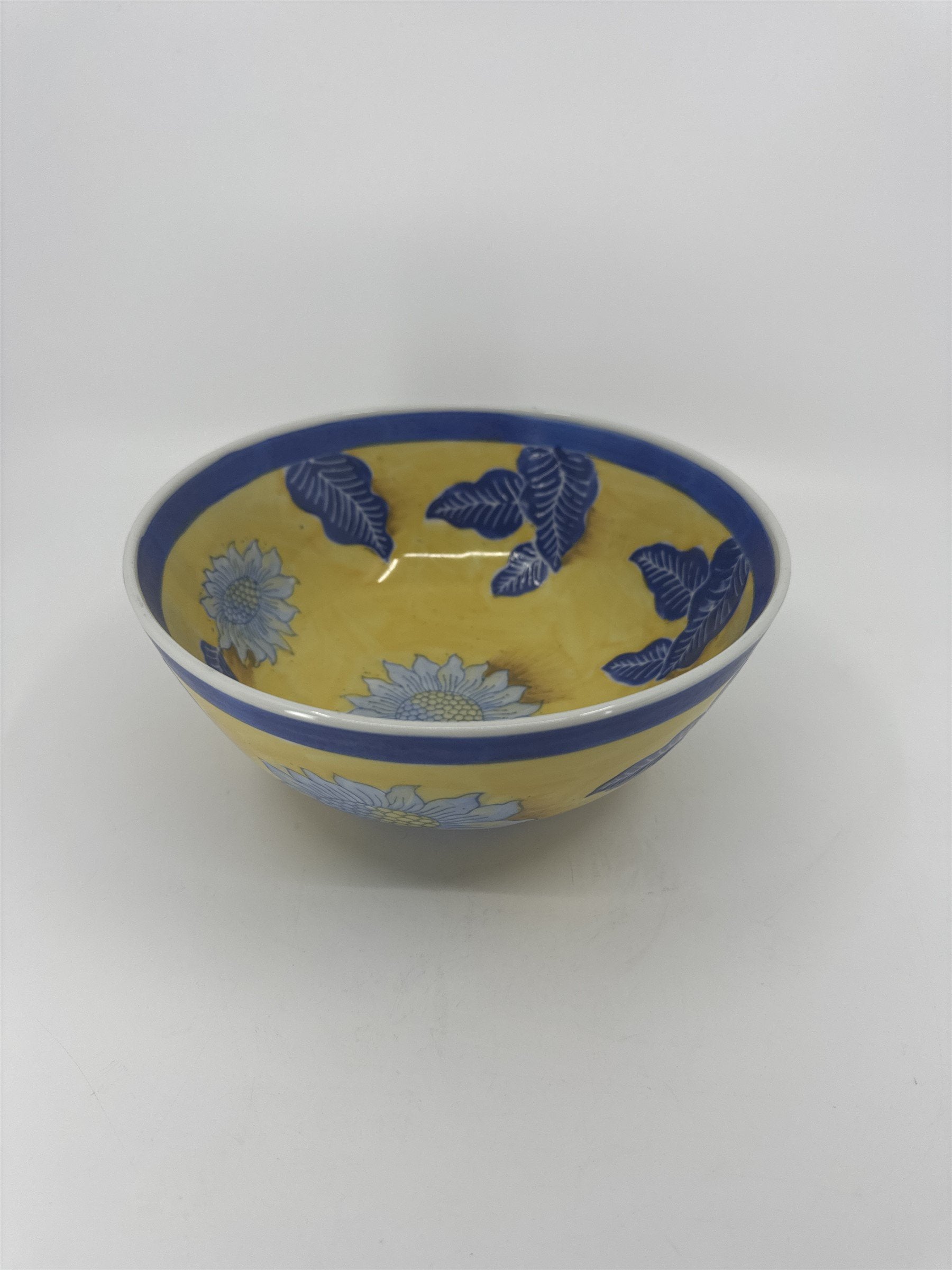 Vintage China Asian Style White Sunflower Blue Leaves Yellow Handpainted 8" Bowl