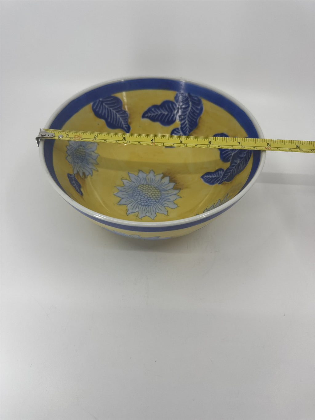 Vintage China Asian Style White Sunflower Blue Leaves Yellow Handpainted 8" Bowl