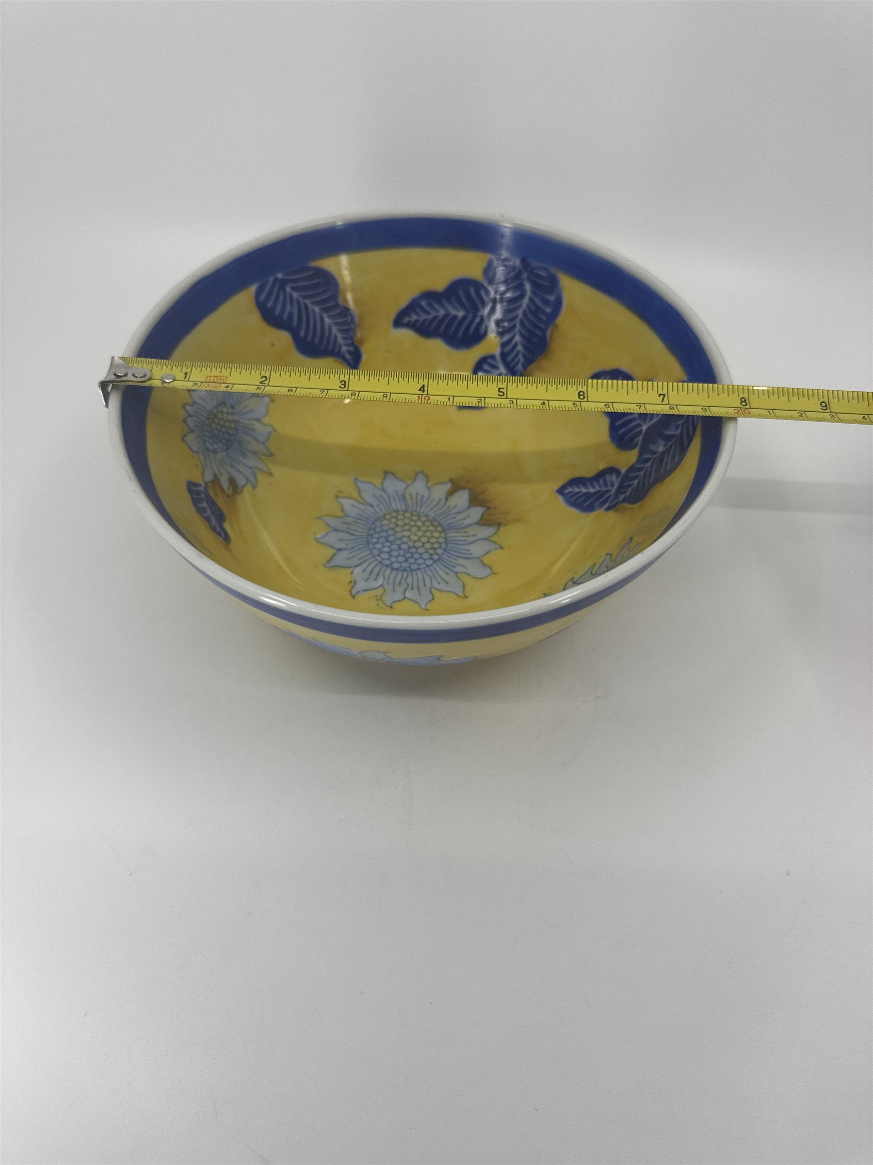 Vintage China Asian Style White Sunflower Blue Leaves Yellow Handpainted 8" Bowl