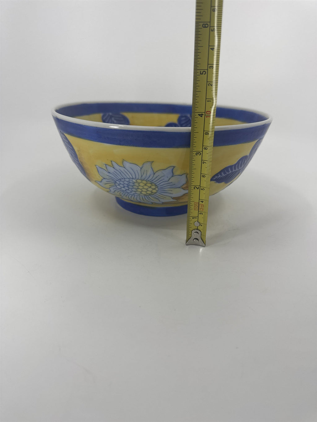 Vintage China Asian Style White Sunflower Blue Leaves Yellow Handpainted 8" Bowl