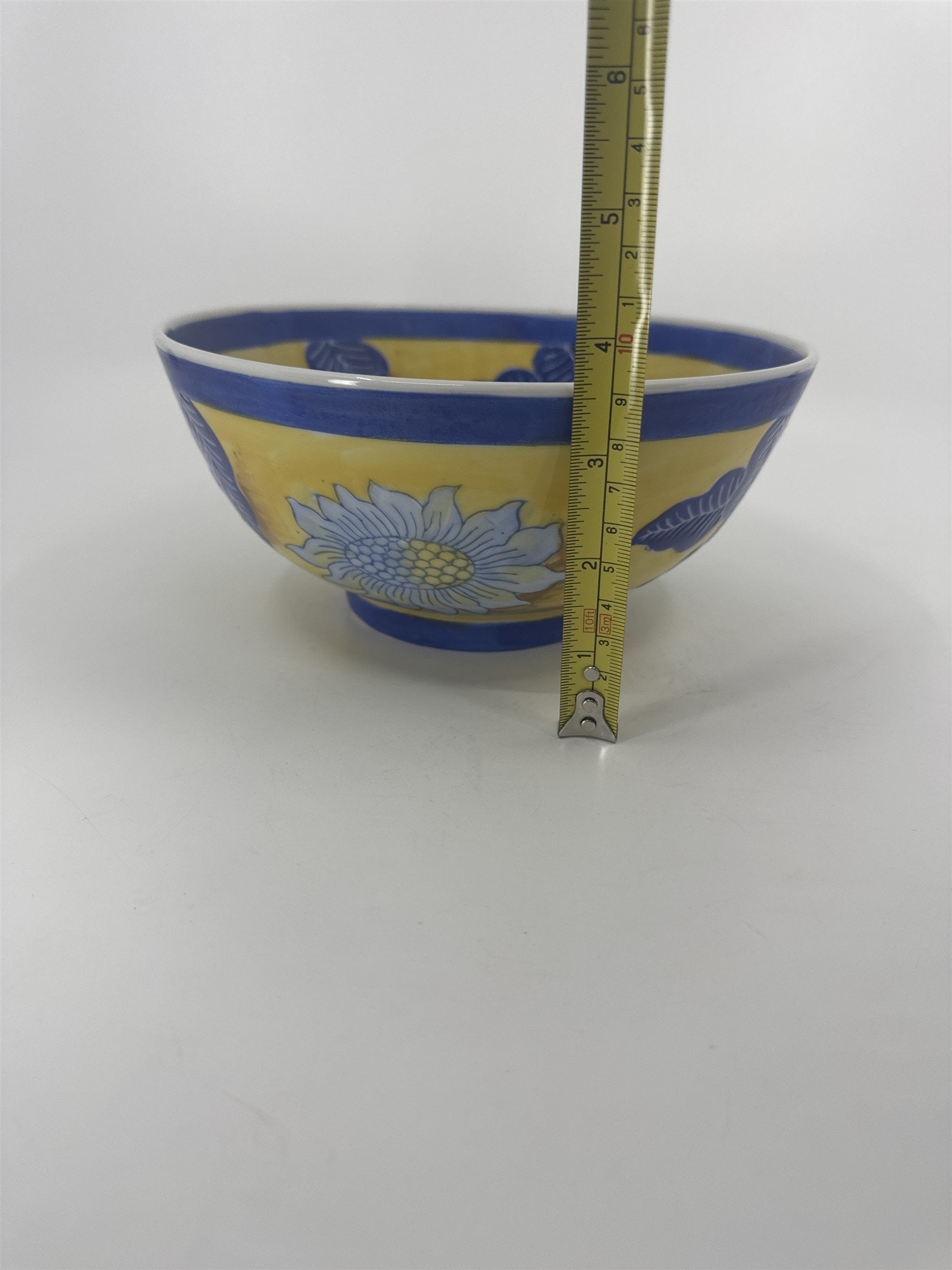 Vintage China Asian Style White Sunflower Blue Leaves Yellow Handpainted 8" Bowl