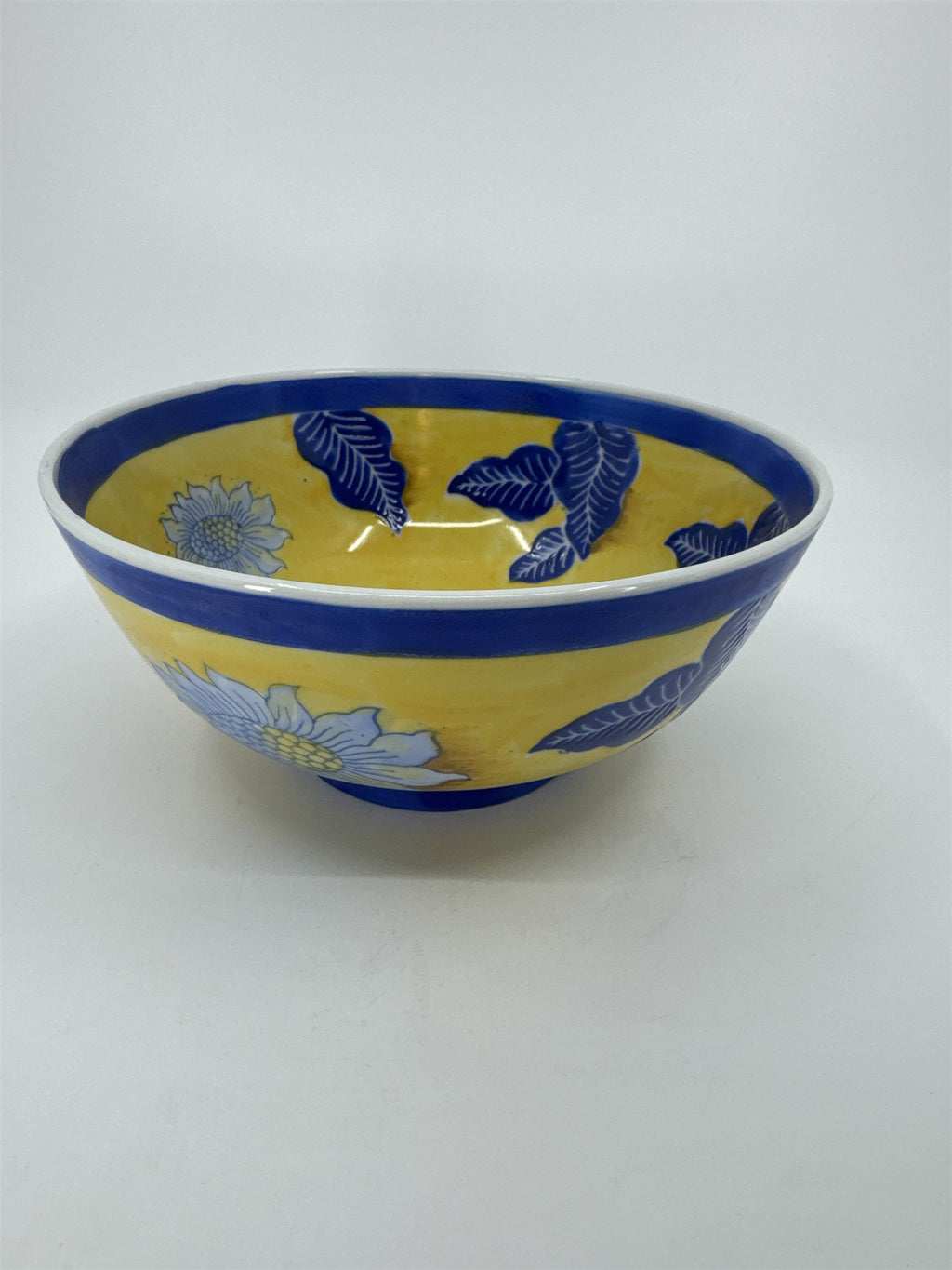 Vintage China Asian Style White Sunflower Blue Leaves Yellow Handpainted 8" Bowl