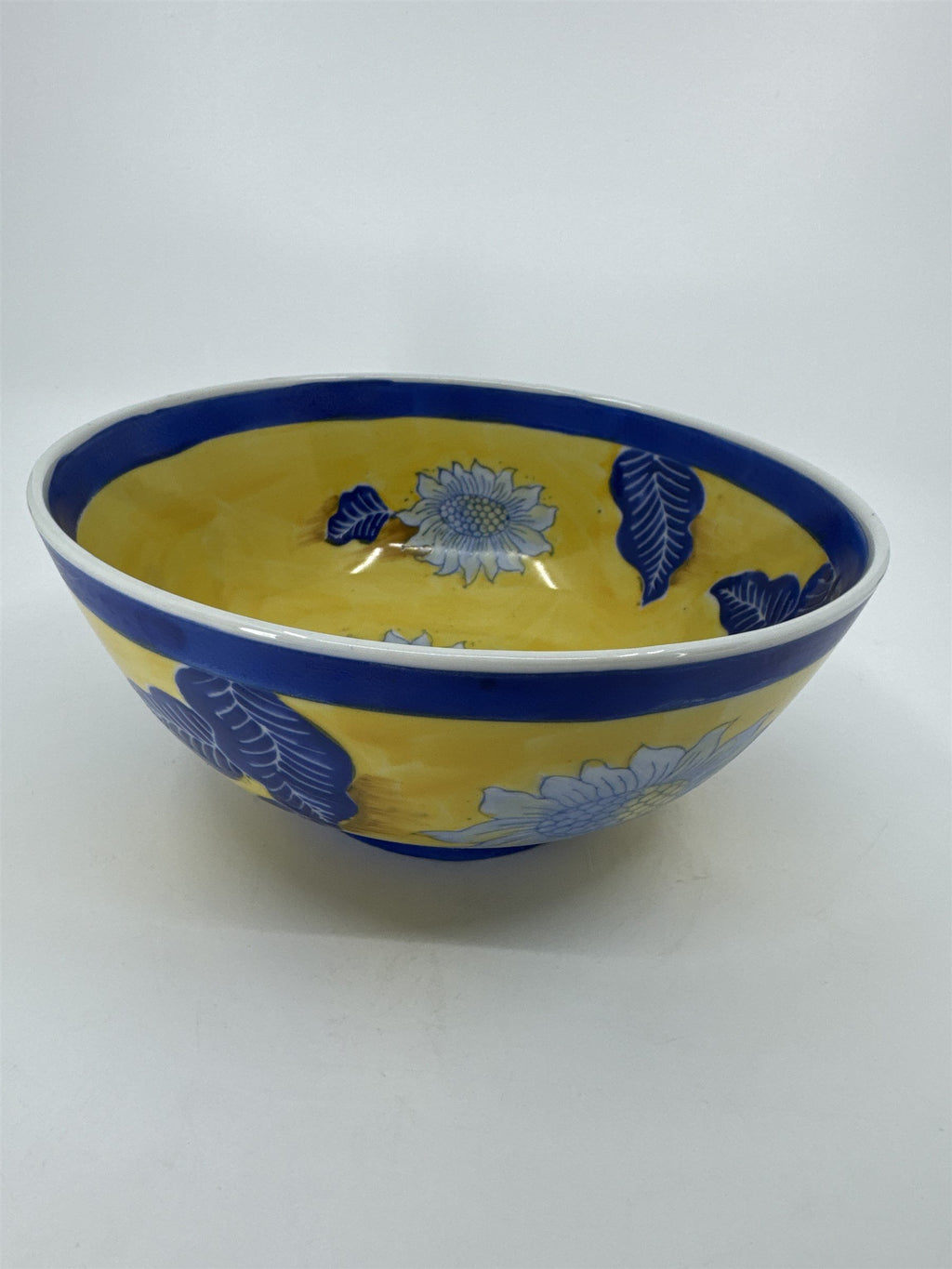 Vintage China Asian Style White Sunflower Blue Leaves Yellow Handpainted 8" Bowl