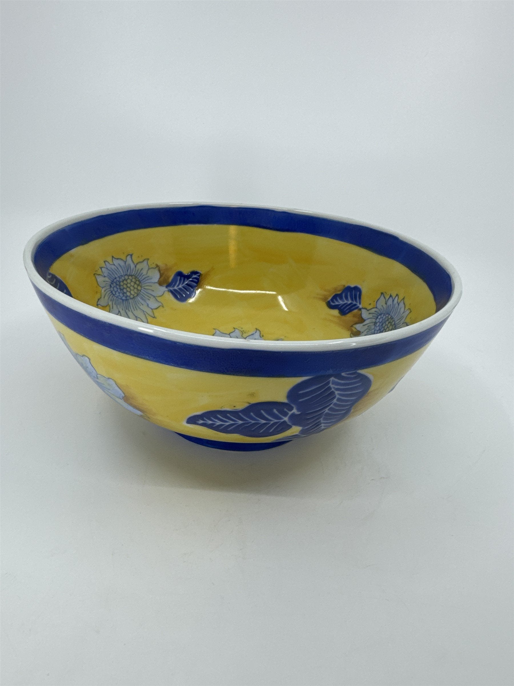 Vintage China Asian Style White Sunflower Blue Leaves Yellow Handpainted 8" Bowl