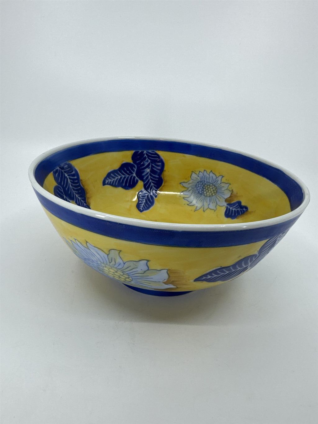 Vintage China Asian Style White Sunflower Blue Leaves Yellow Handpainted 8" Bowl