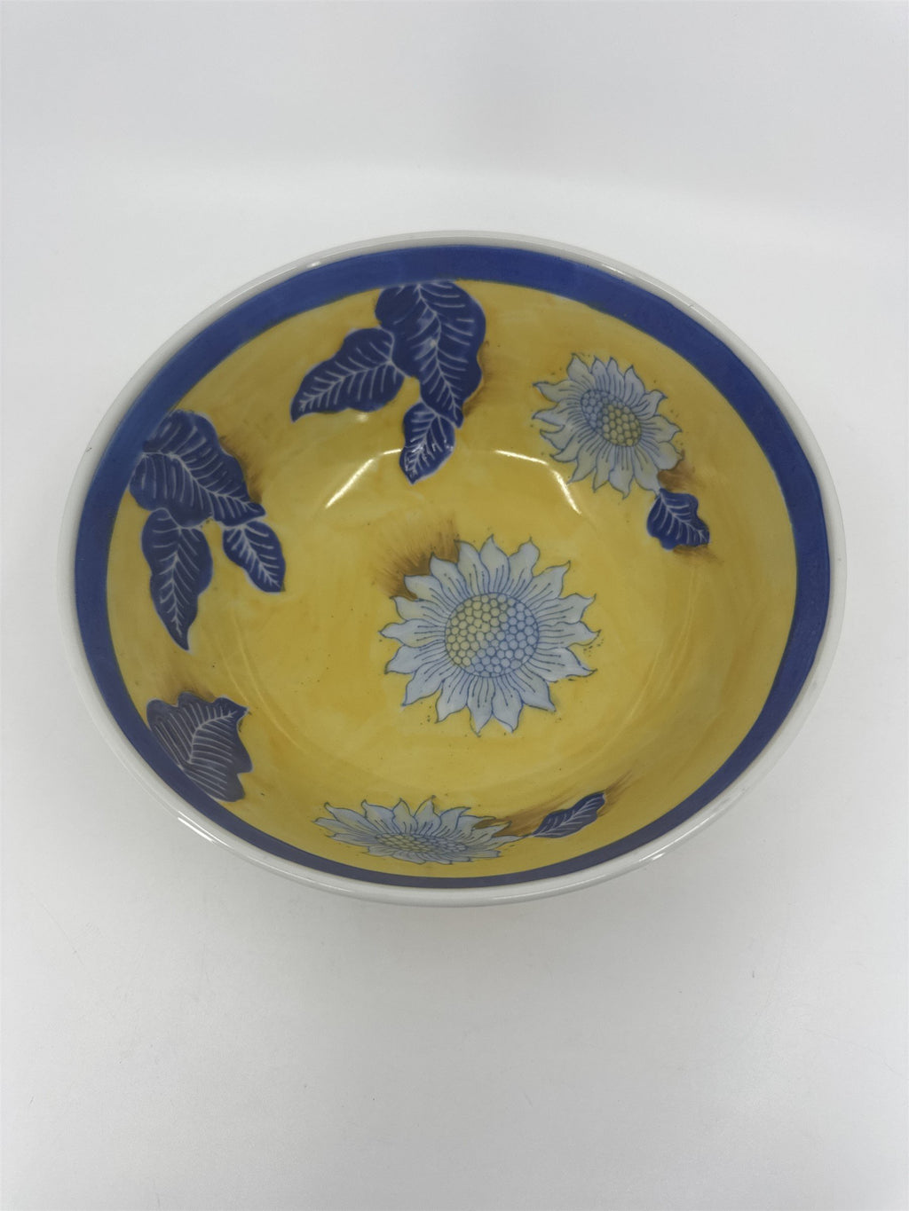 Vintage China Asian Style White Sunflower Blue Leaves Yellow Handpainted 8" Bowl