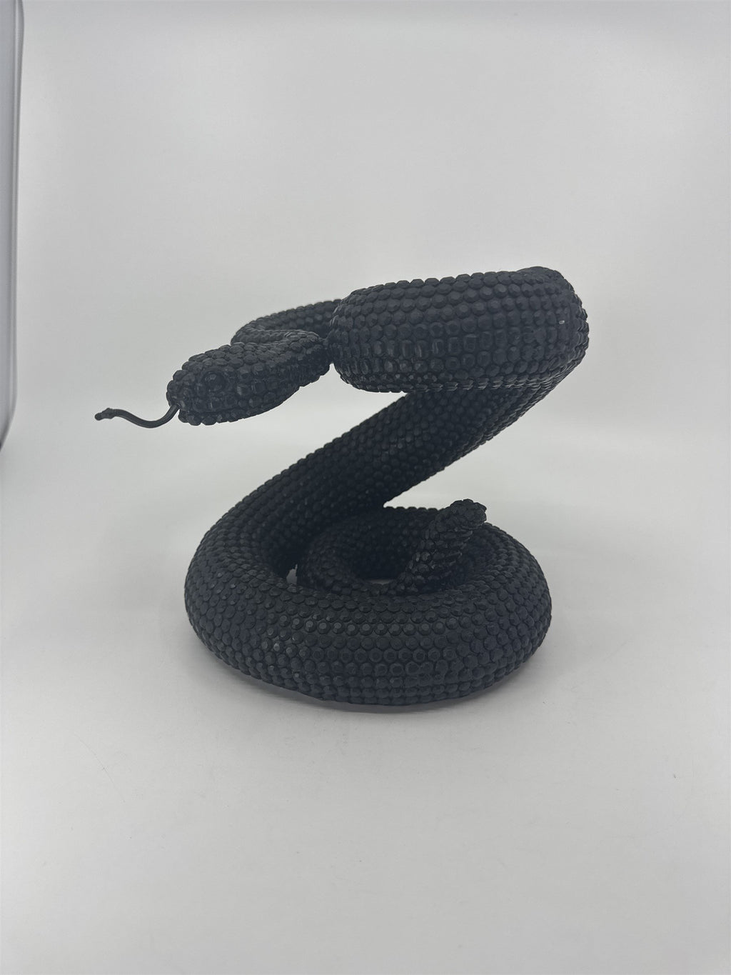 Vintage Black Composite Resin Rattle Snake Sculpture Forked Tongue Rattlesnake