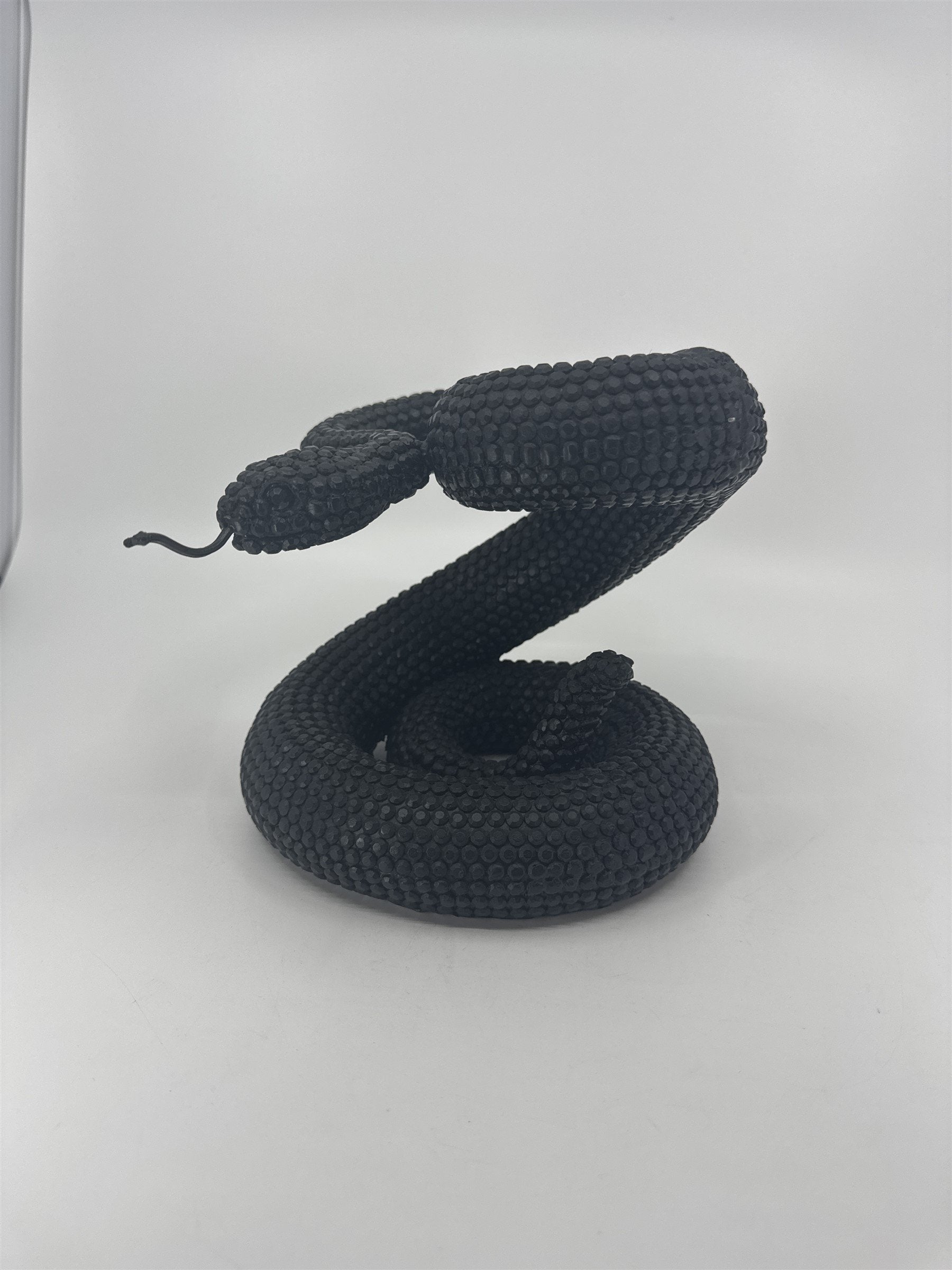 Vintage Black Composite Resin Rattle Snake Sculpture Forked Tongue Rattlesnake