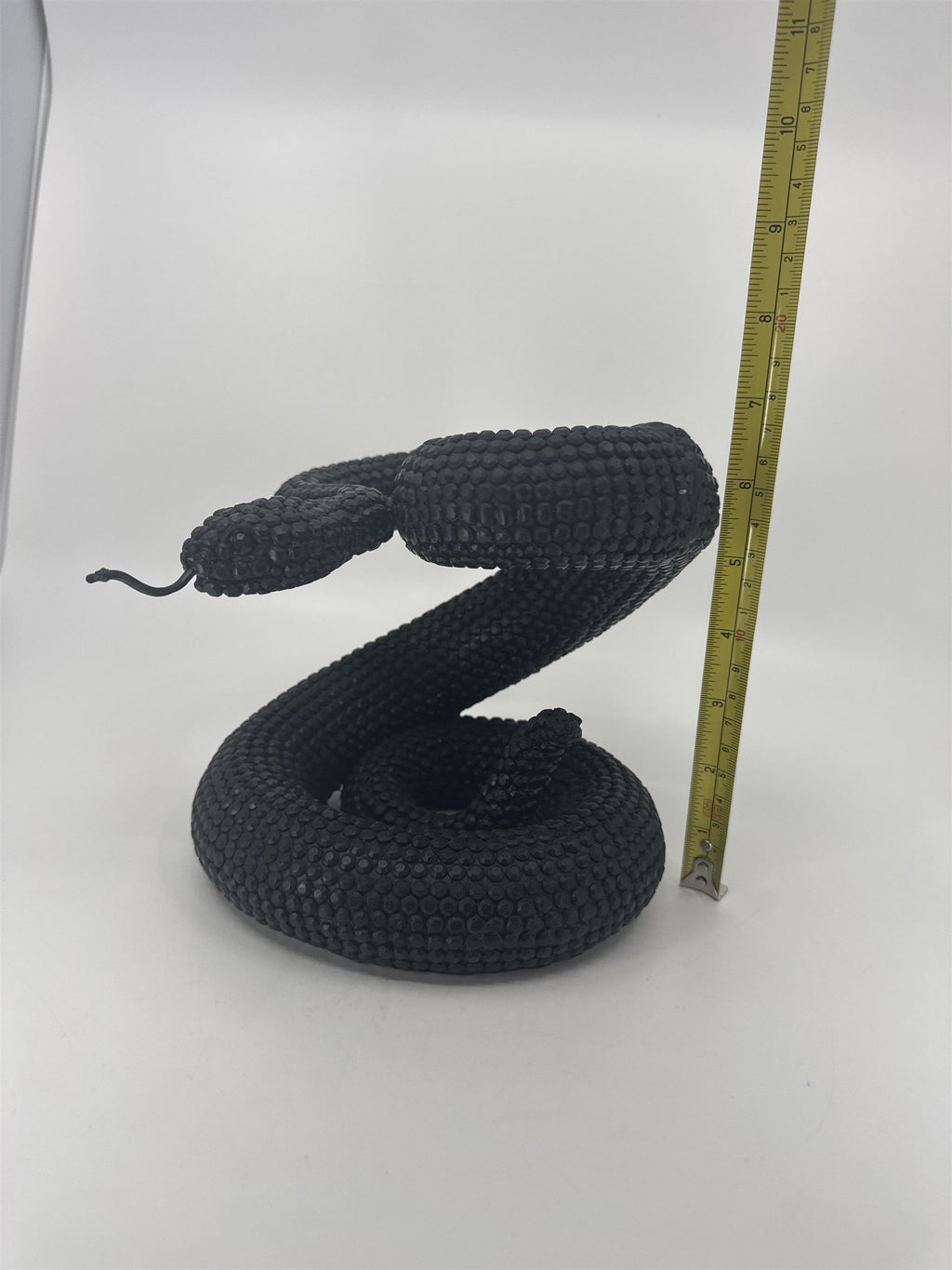 Vintage Black Composite Resin Rattle Snake Sculpture Forked Tongue Rattlesnake