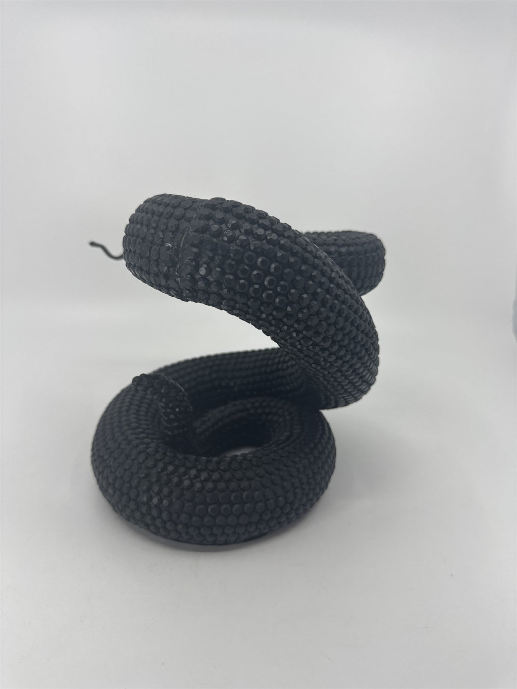 Vintage Black Composite Resin Rattle Snake Sculpture Forked Tongue Rattlesnake