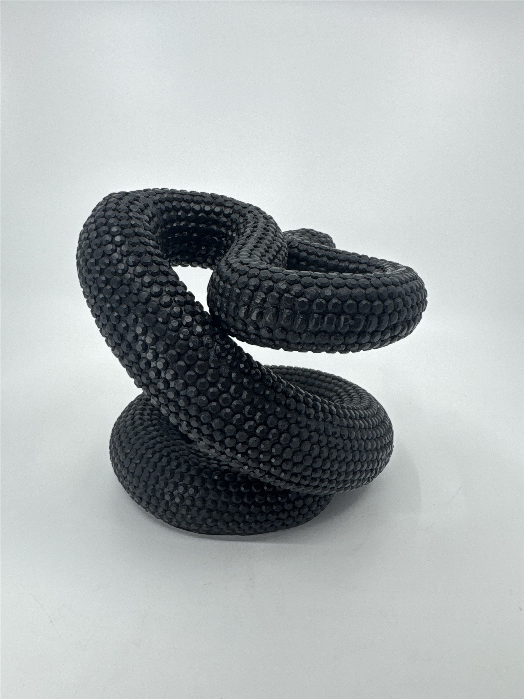 Vintage Black Composite Resin Rattle Snake Sculpture Forked Tongue Rattlesnake