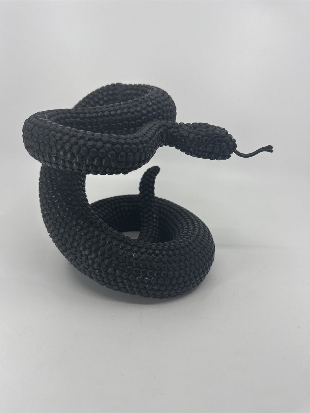 Vintage Black Composite Resin Rattle Snake Sculpture Forked Tongue Rattlesnake