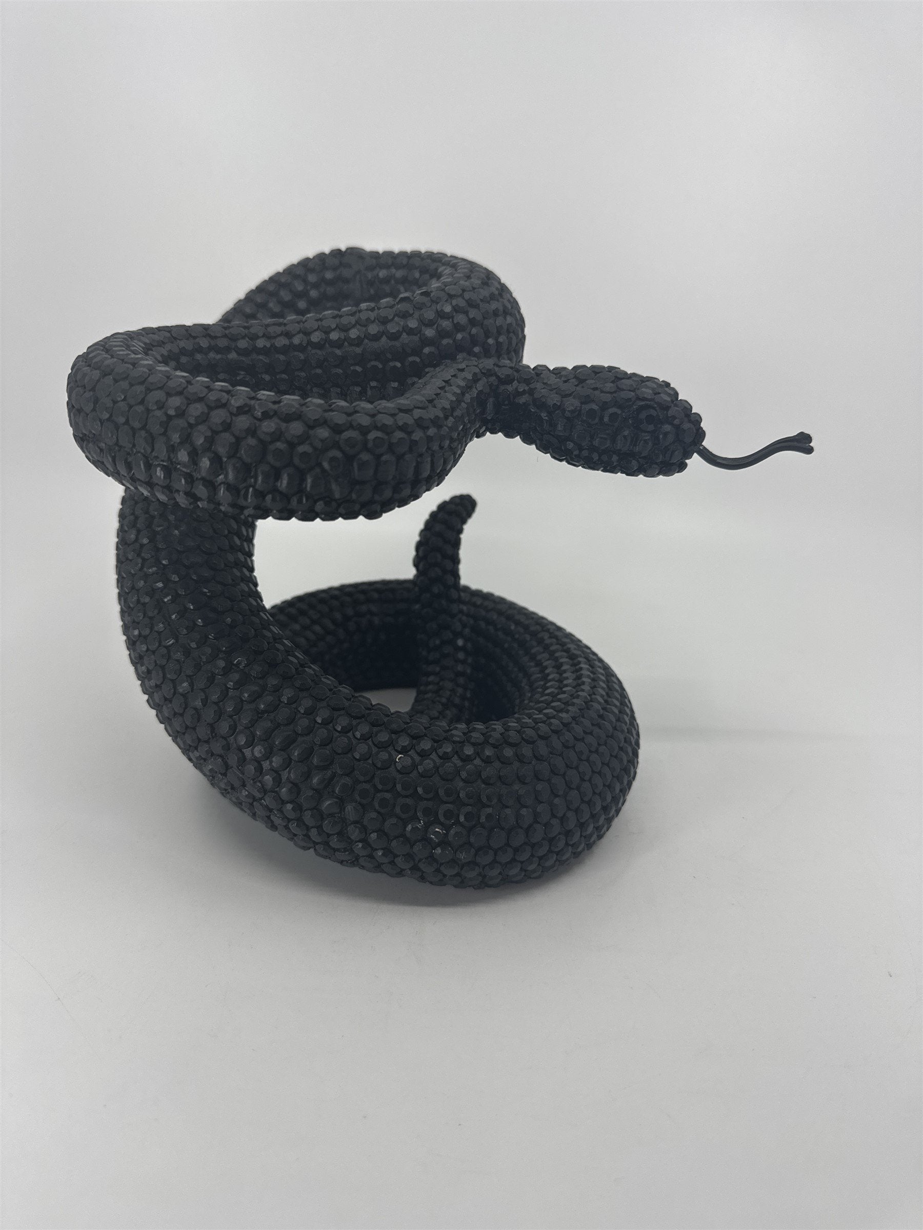 Vintage Black Composite Resin Rattle Snake Sculpture Forked Tongue Rattlesnake