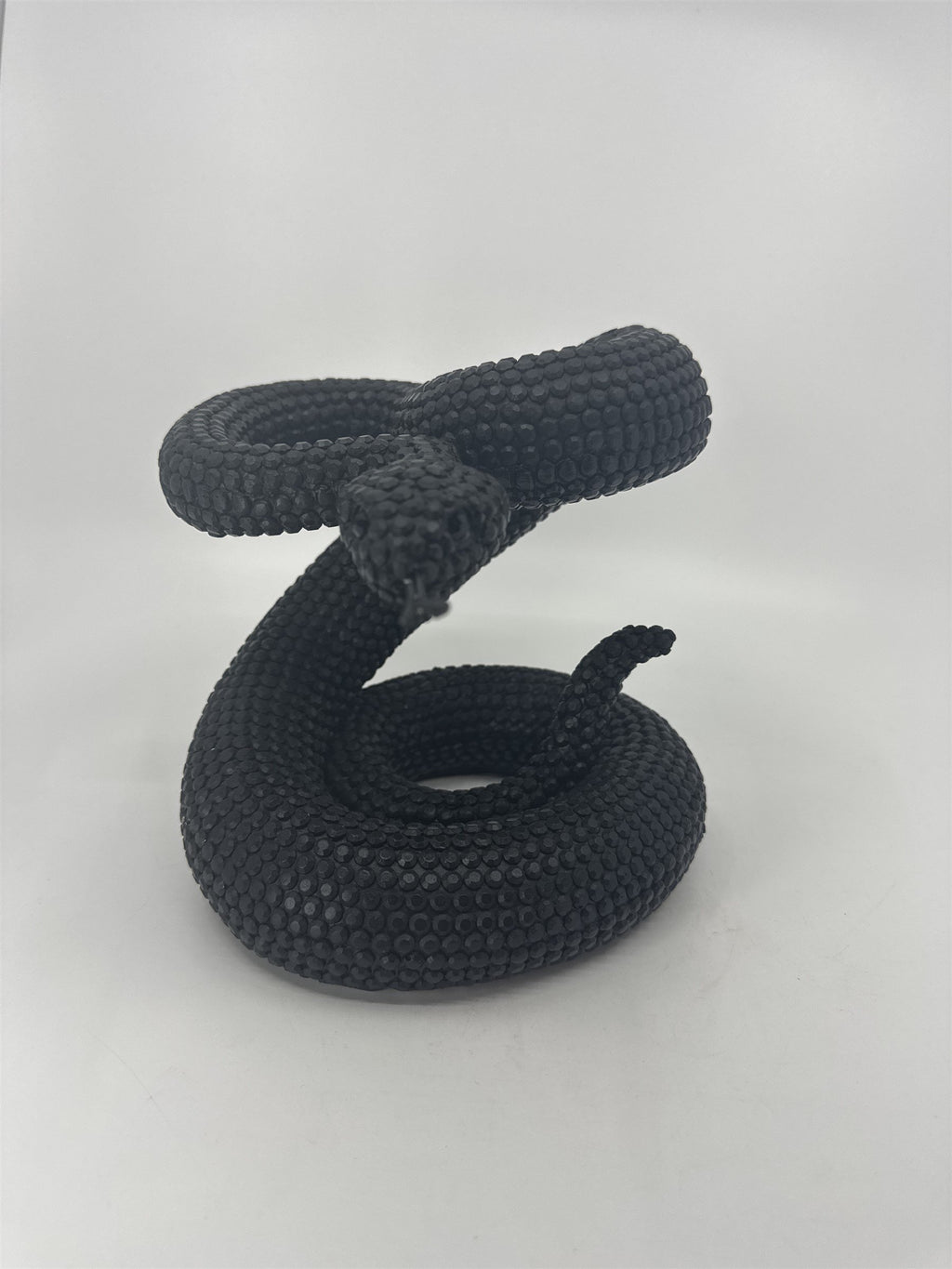 Vintage Black Composite Resin Rattle Snake Sculpture Forked Tongue Rattlesnake