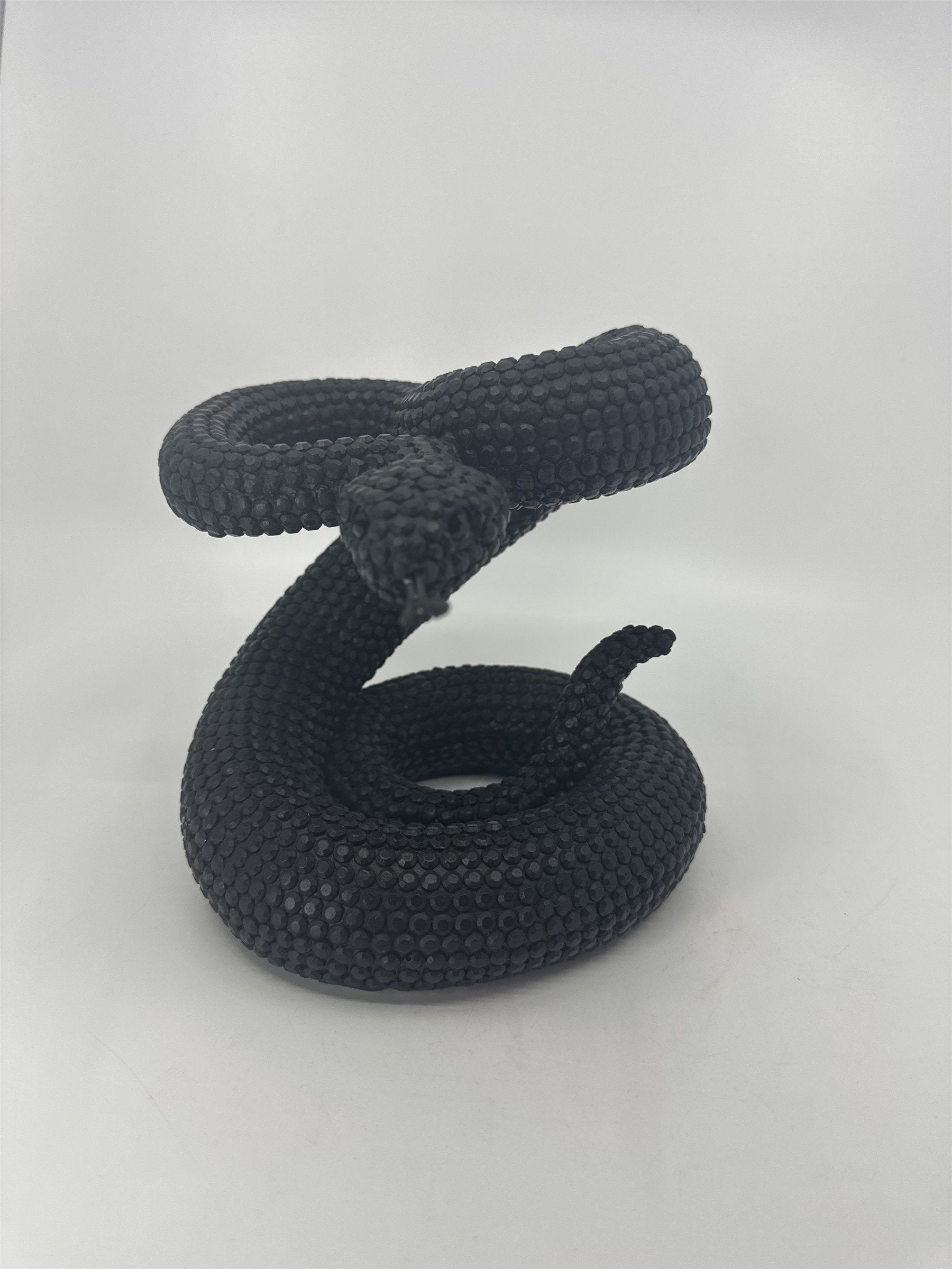 Vintage Black Composite Resin Rattle Snake Sculpture Forked Tongue Rattlesnake