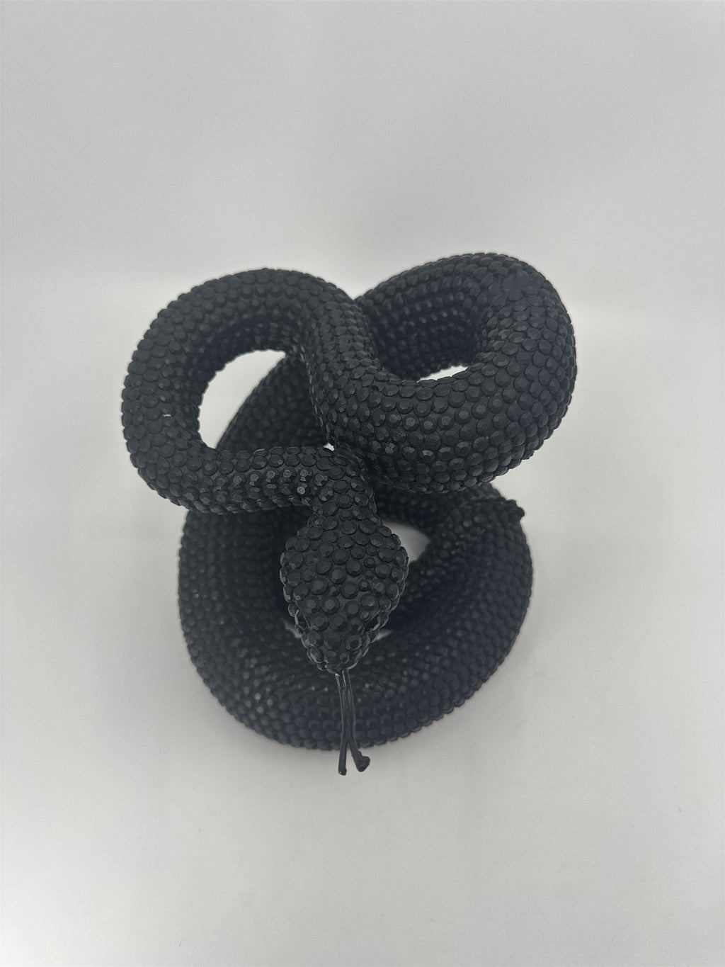 Vintage Black Composite Resin Rattle Snake Sculpture Forked Tongue Rattlesnake