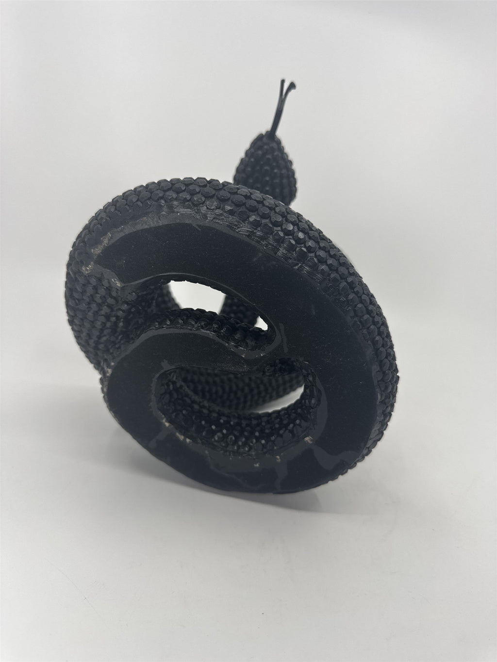 Vintage Black Composite Resin Rattle Snake Sculpture Forked Tongue Rattlesnake