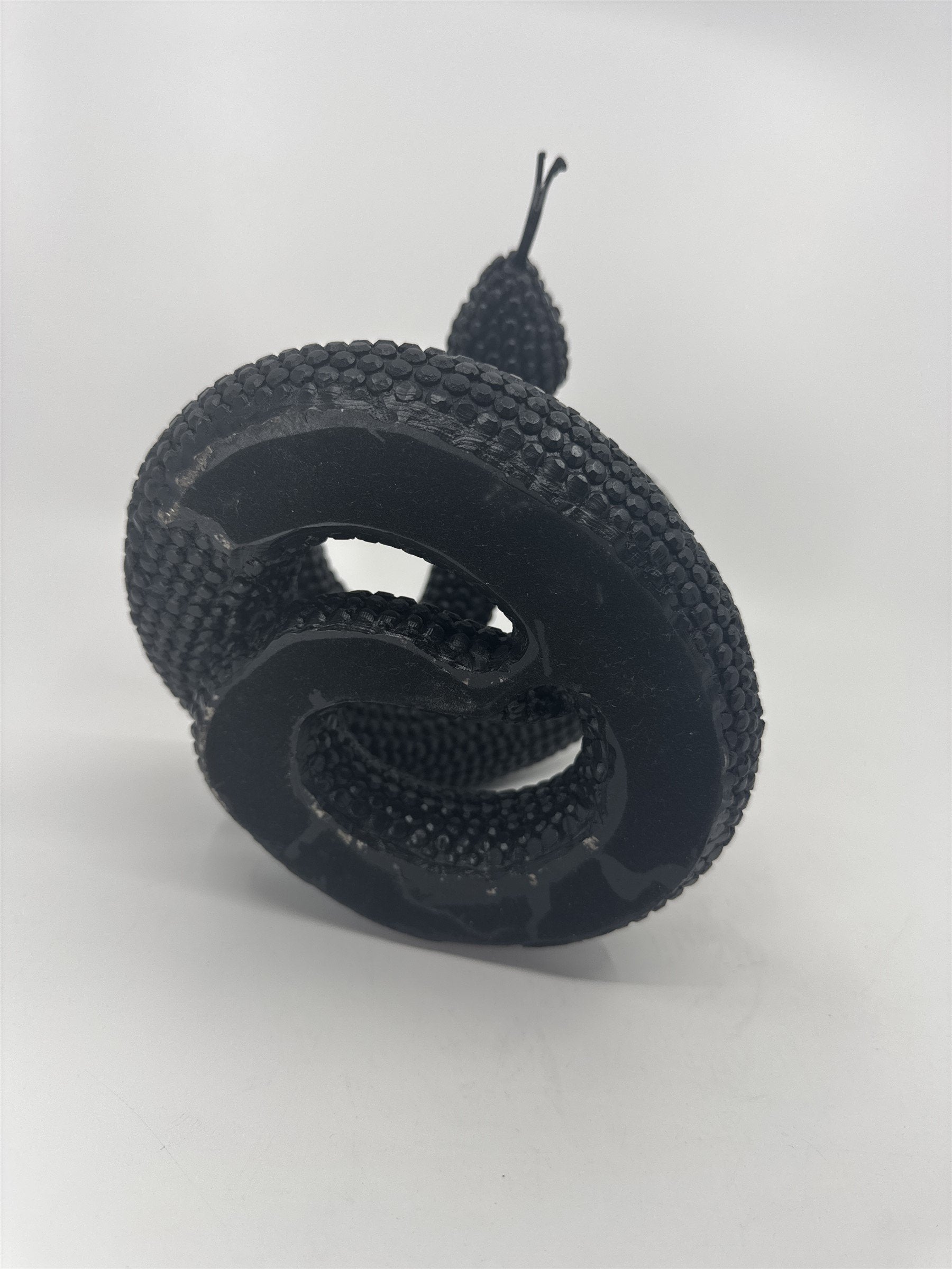 Vintage Black Composite Resin Rattle Snake Sculpture Forked Tongue Rattlesnake