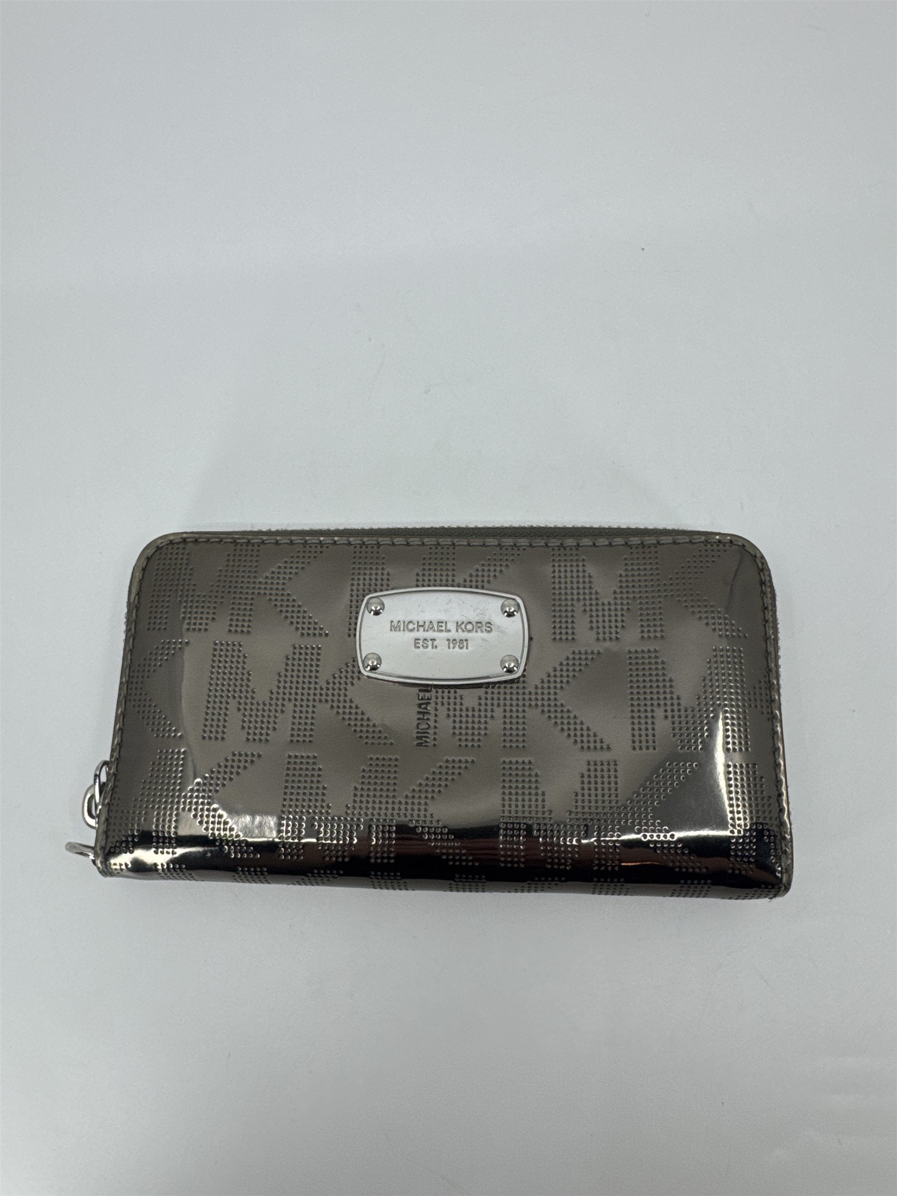 Michael Kors Signature Silver Gray Metallic Shiny Zippering Wallet Silver Accent