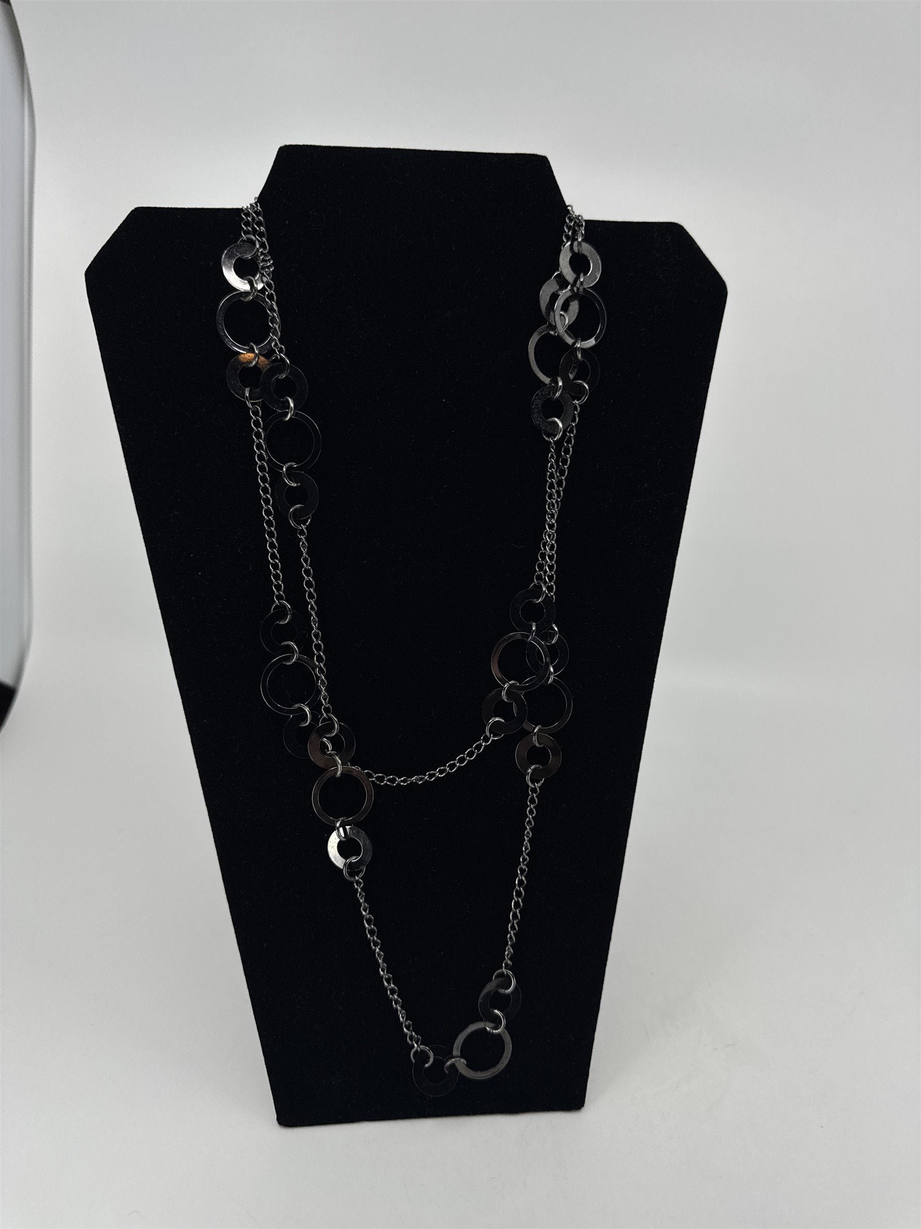 Jewels by Park Lane Dark Gray Circles Circular Discs Extra Long Metal Necklace