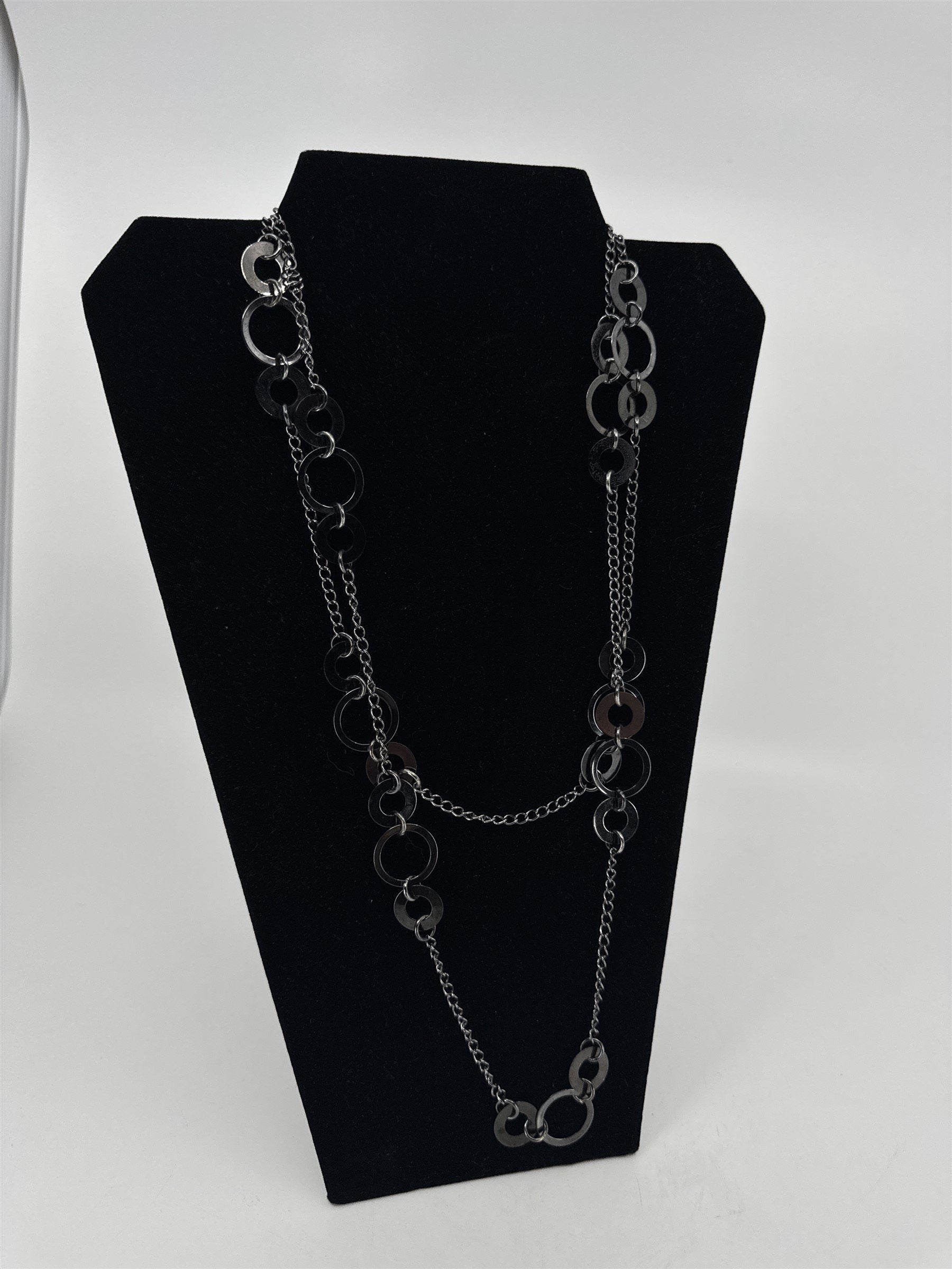 Jewels by Park Lane Dark Gray Circles Circular Discs Extra Long Metal Necklace